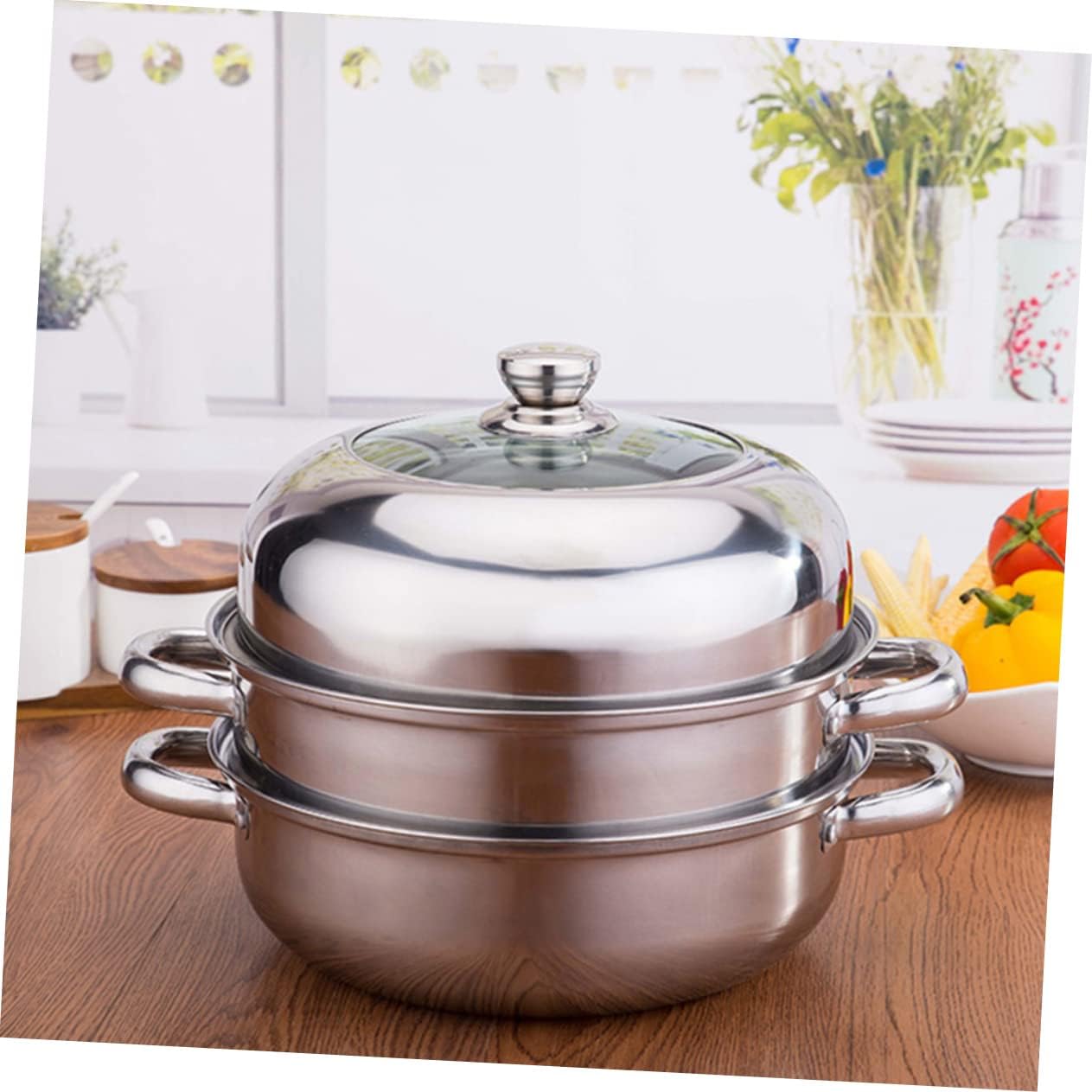 BEBEMOKO 3 Layer Steamer Pot Stainless Steel Glass with Anti-Scalding Handle