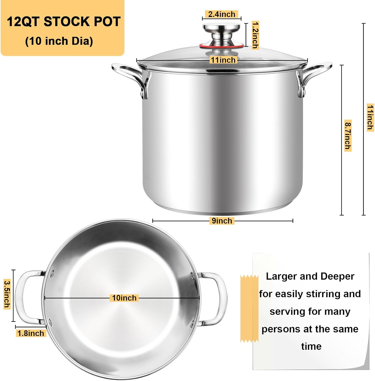 TeamFar 12 Quart Stock Pot with Lid 1810 Stainless Steel