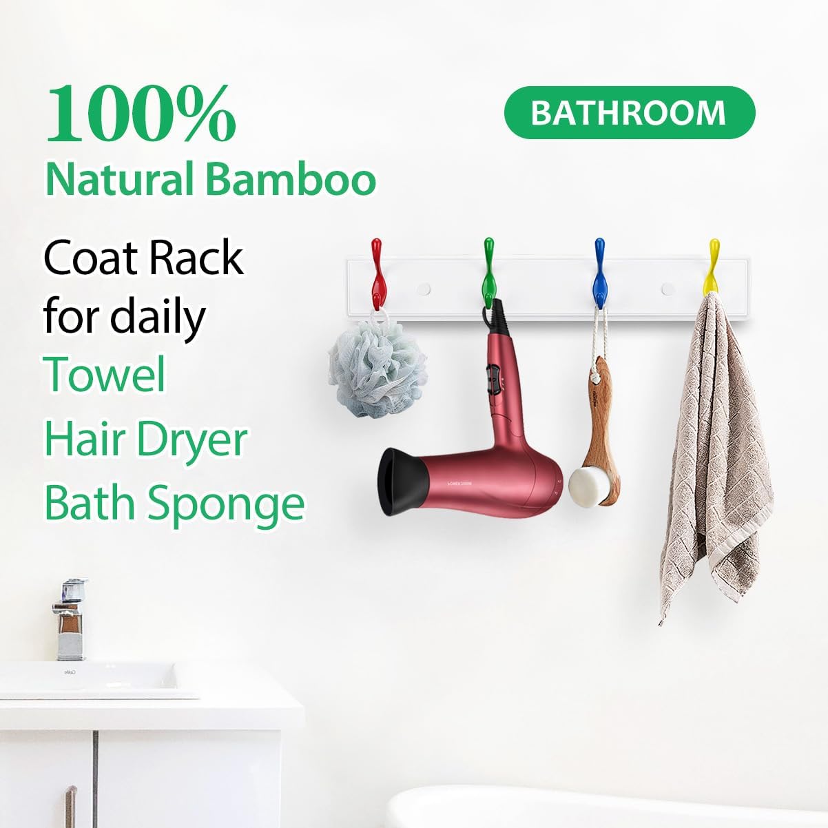 Badiano Wall Mount Coat Rack with 4 Heavy Duty Hooks