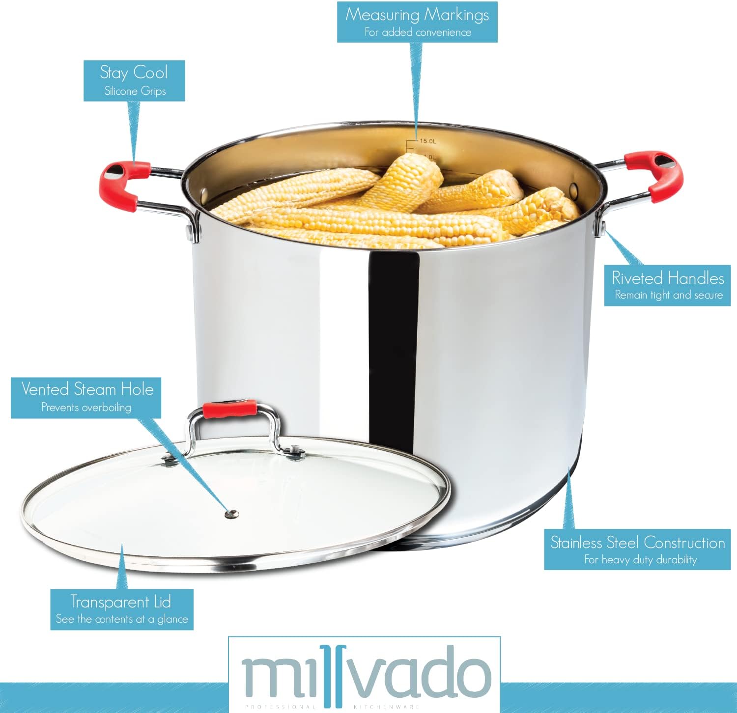 Millvado 84 Quart Stock Pot with Clear Glass Lid
