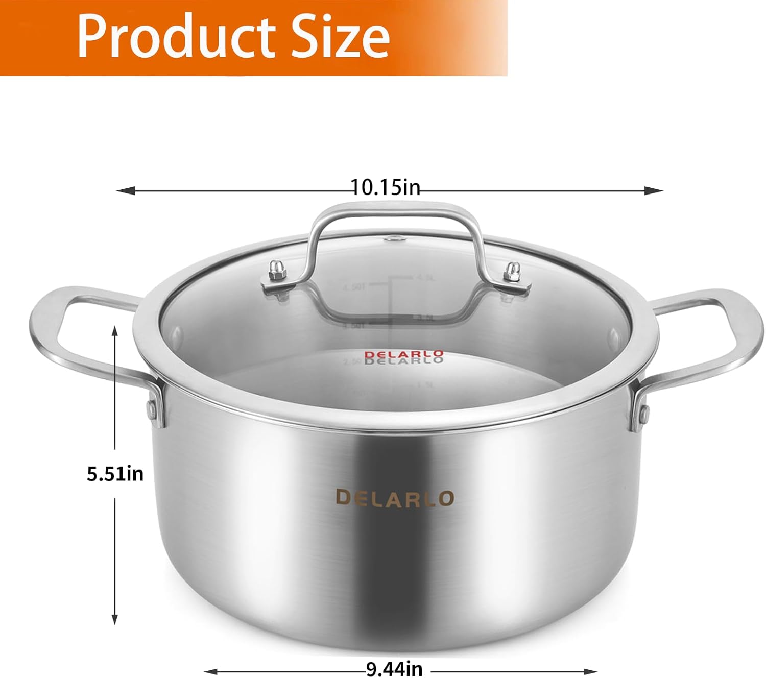 Delarlo 6QT Tri-Ply Stainless Steel Stockpot with Lid