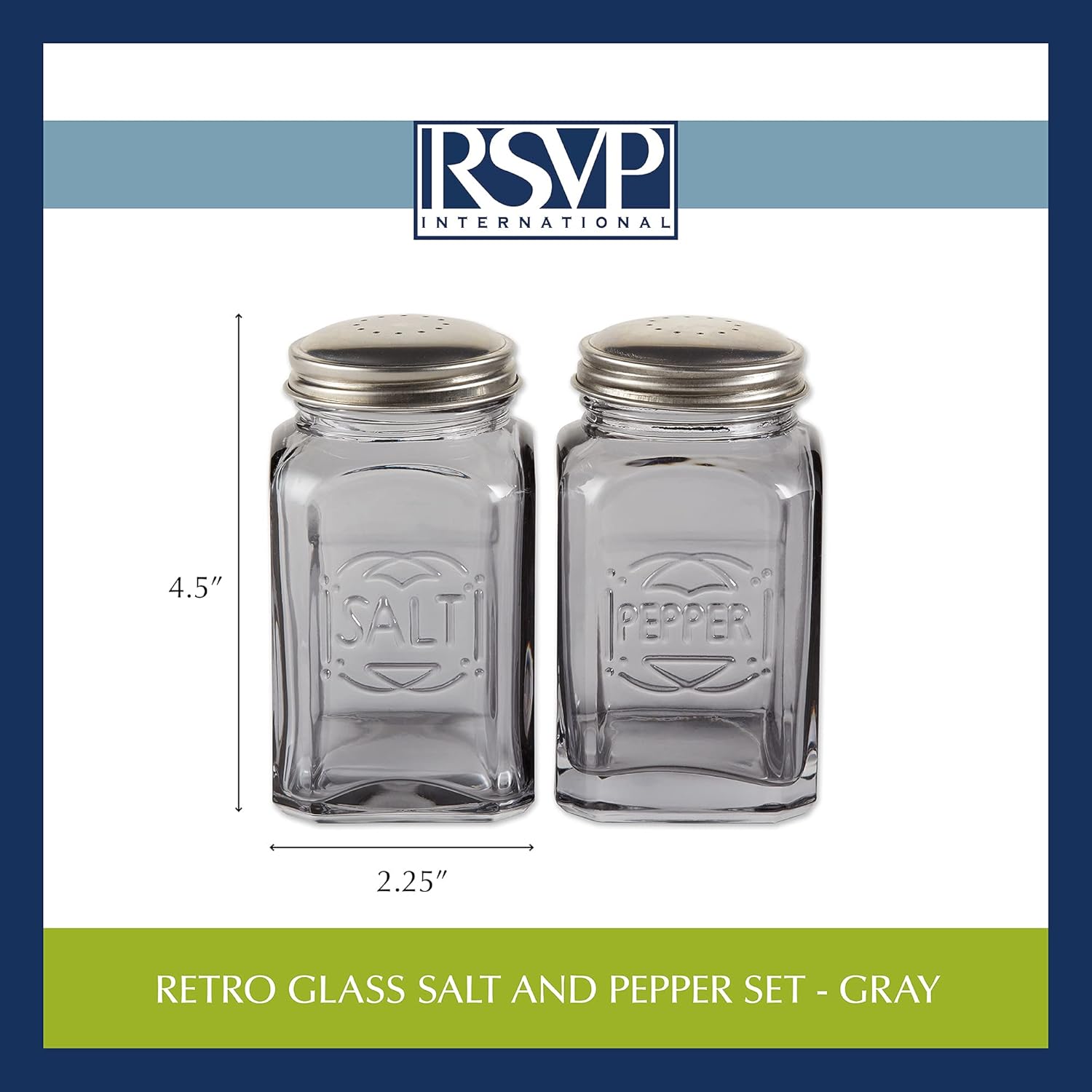 RSVP International Jumbo Retro Glass Salt Pepper Shaker Set 8 Oz 225x225x44 Gray