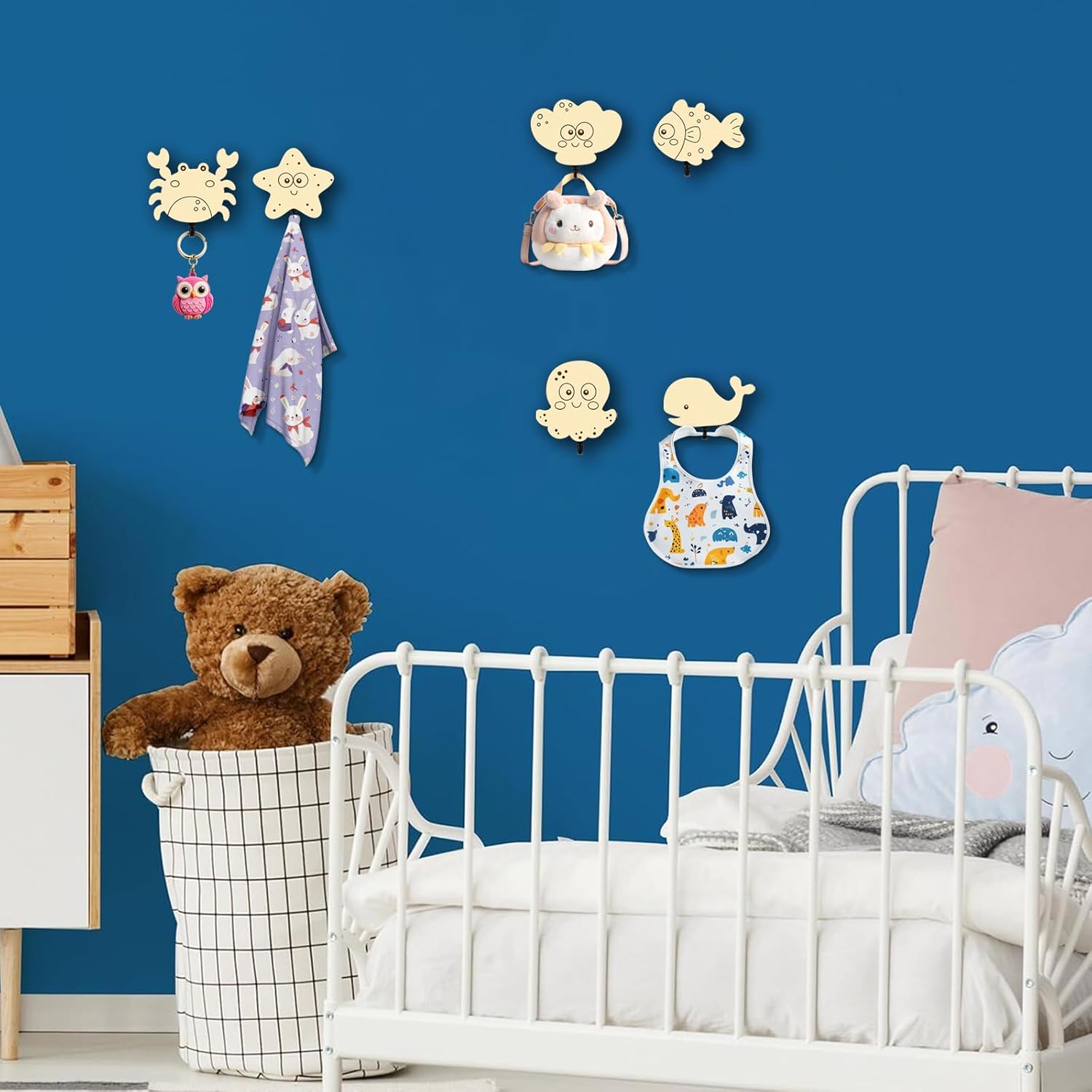 6Pcs Kids Ocean Animal Coat Hooks Wooden Wall Decor