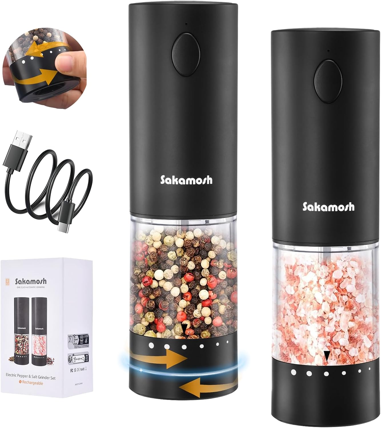 SAKAMOSH Electric Salt Pepper Set with Base 2 Pack