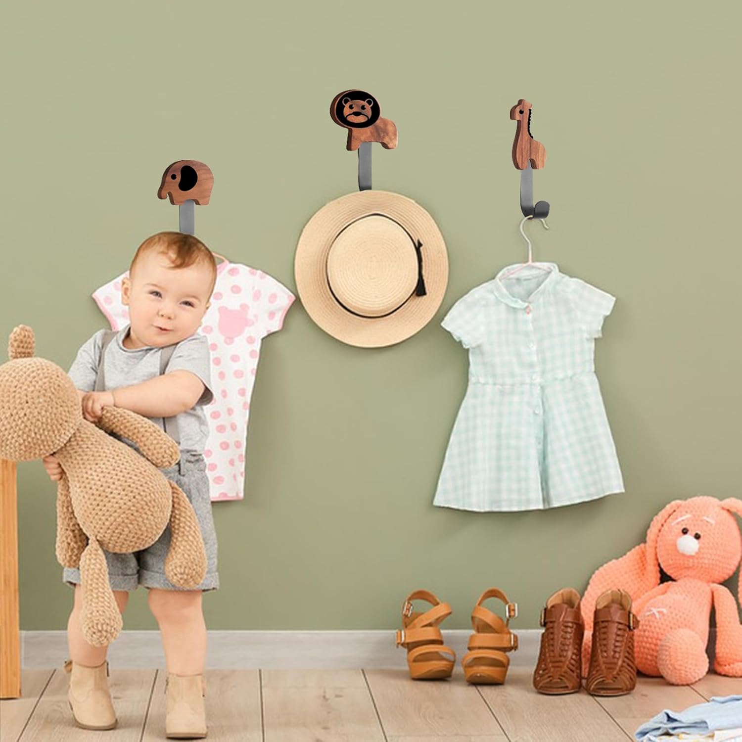Qivine 5Pcs Wood Animal Coat Hooks for Kids 1