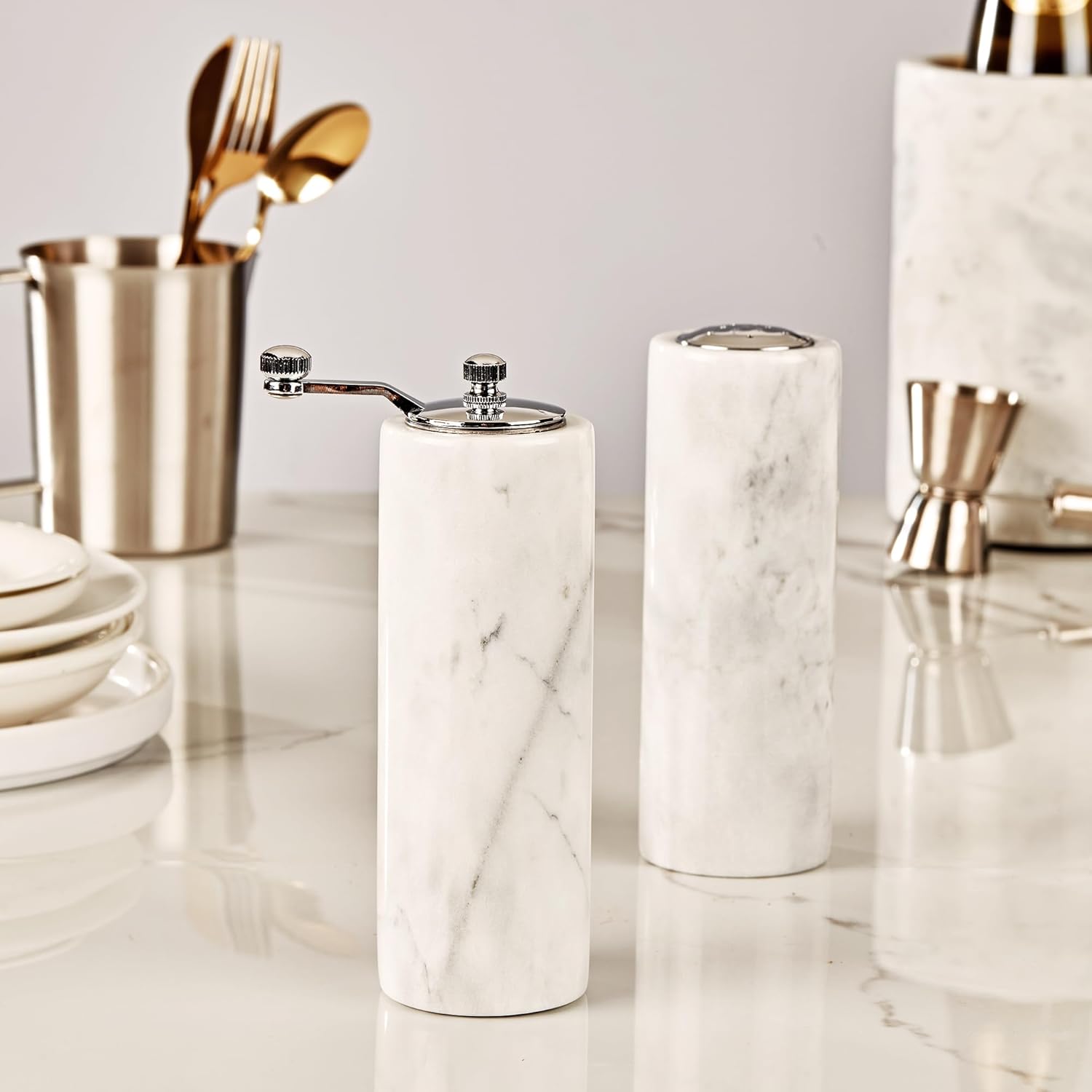 White Marble Salt Pepper Shaker Set with Adjustable Grinder
