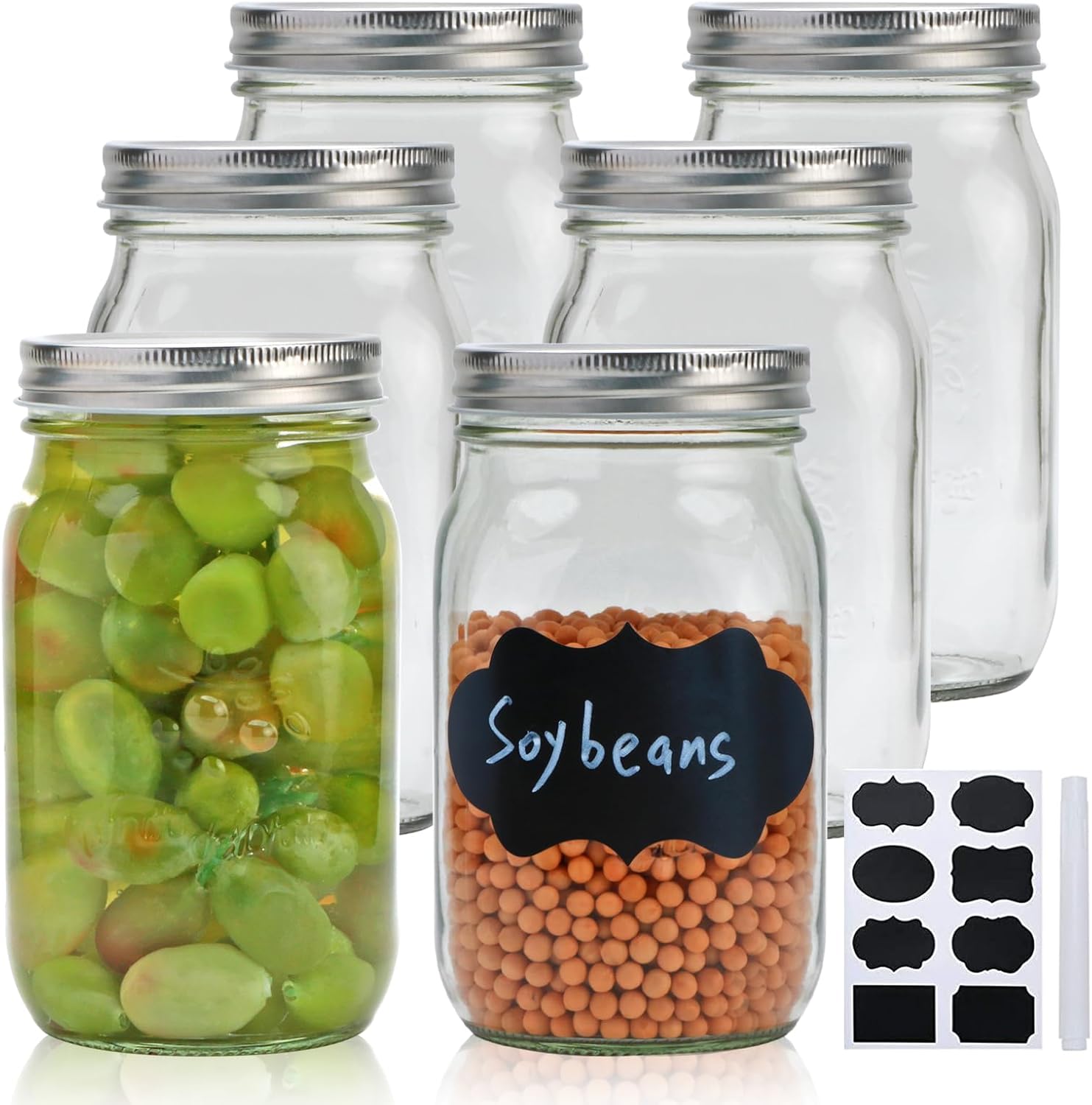 Flrolove 32 OZ Glass Jars 6 Pack with Airtight Lids