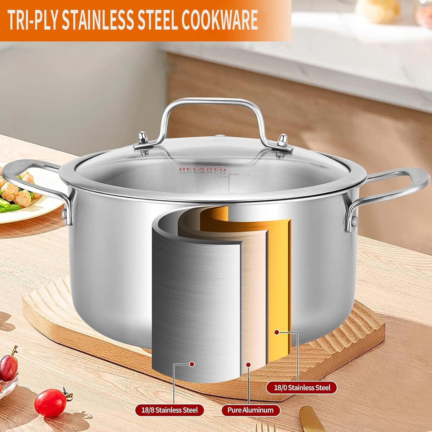Delarlo 6QT Tri-Ply Stainless Steel Stockpot with Lid