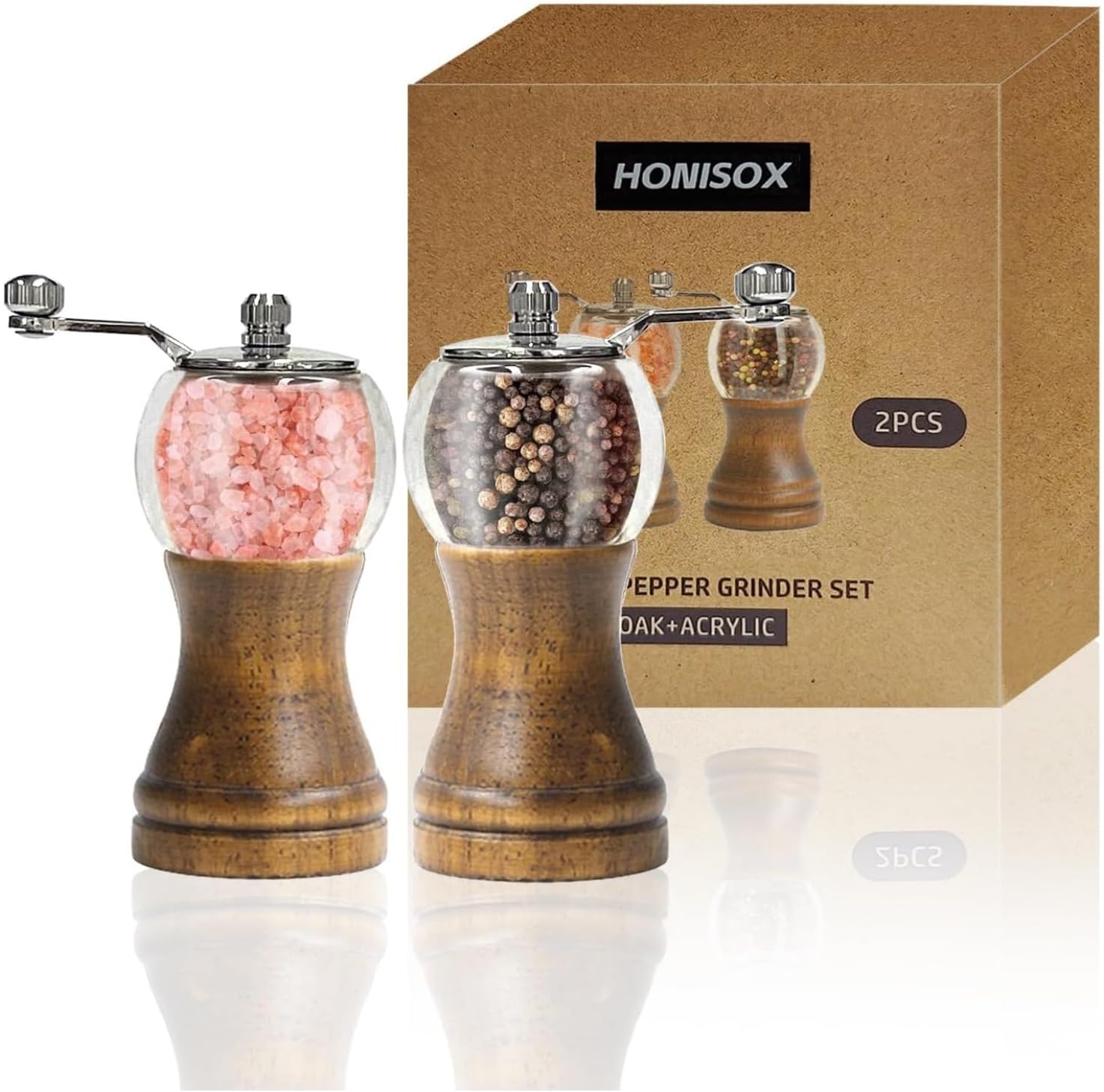 HONISOX Pepper Mill Set 2pcs - Retro Style Manual Wood Grinders
