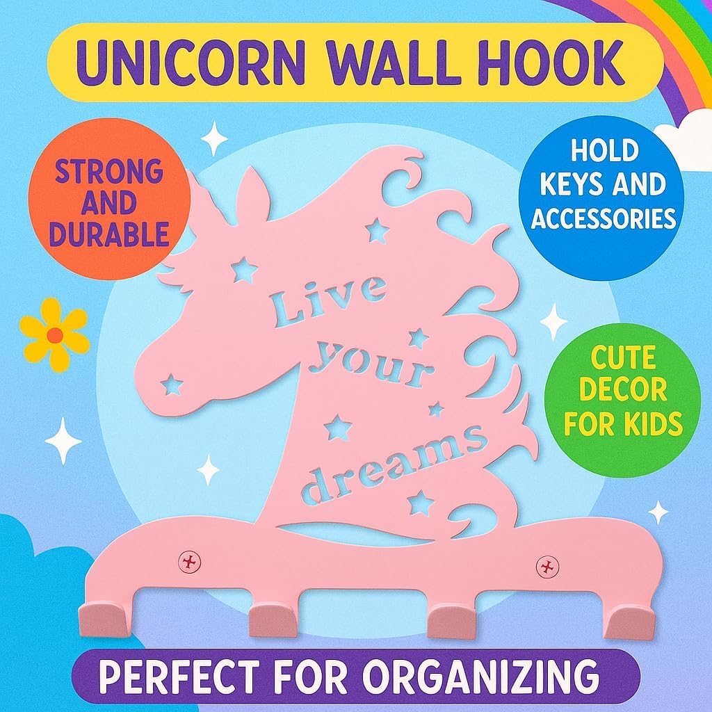 Unicorn Wall Hooks Decor for Girls Room - Pink