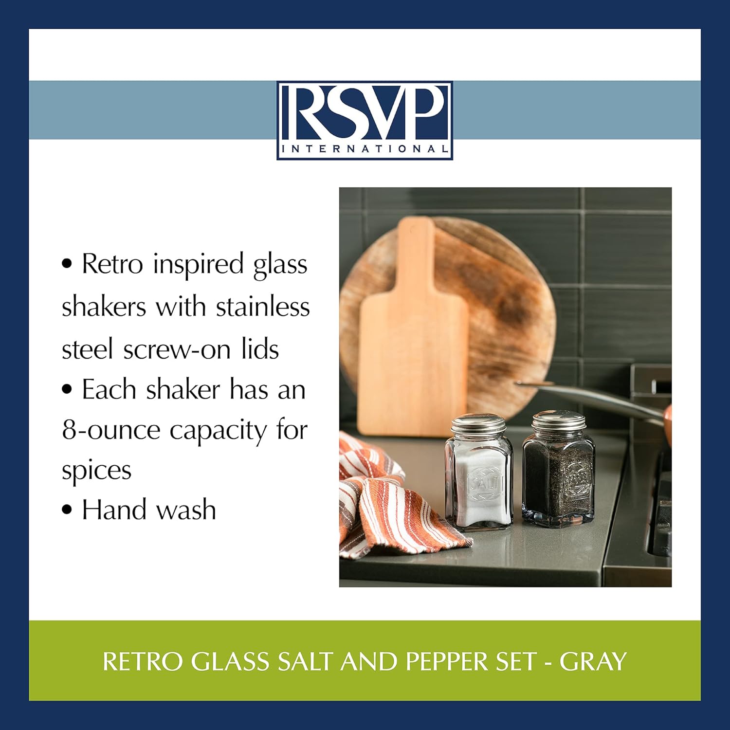 RSVP International Jumbo Retro Glass Salt Pepper Shaker Set 8 Oz 225x225x44 Gray