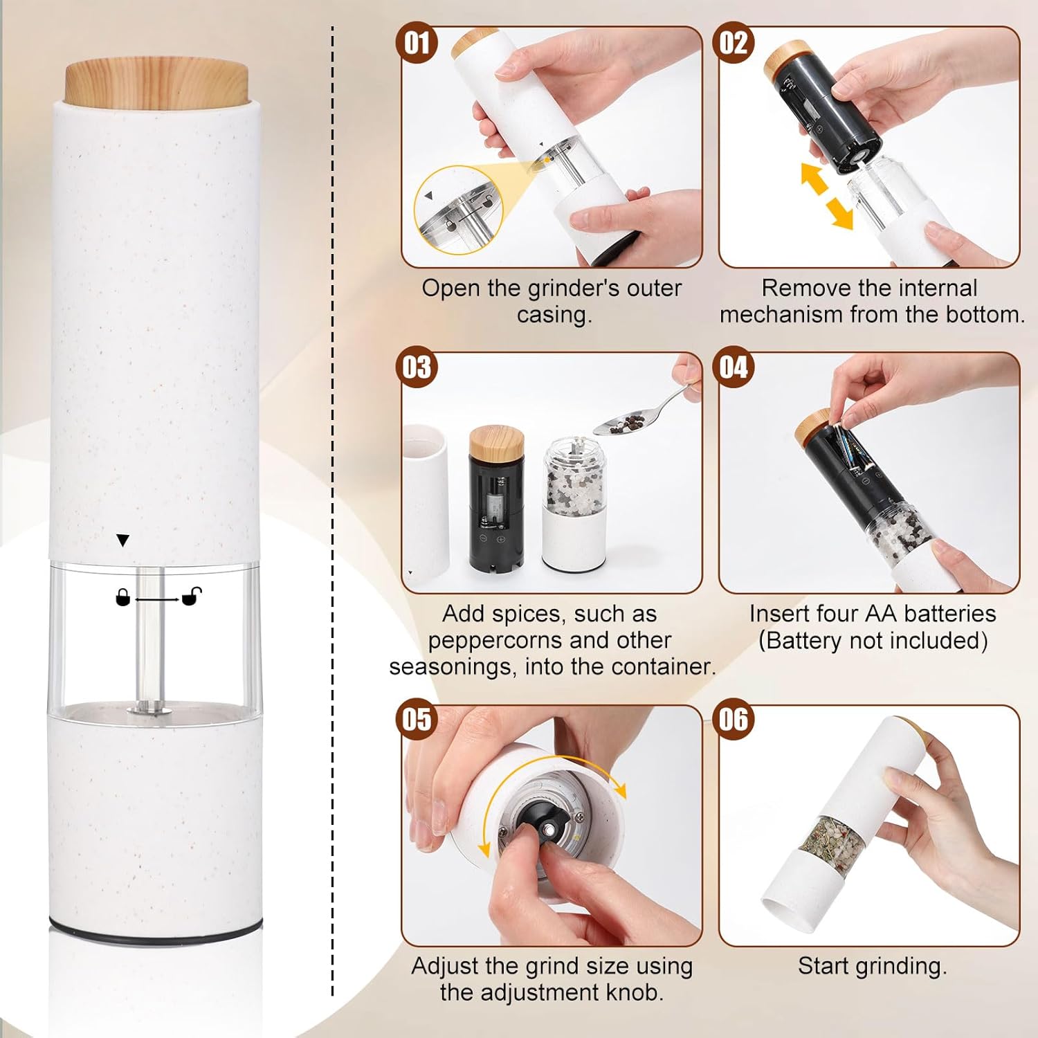Electric Salt Pepper Grinder Set with LED Light and Spill Proof Base