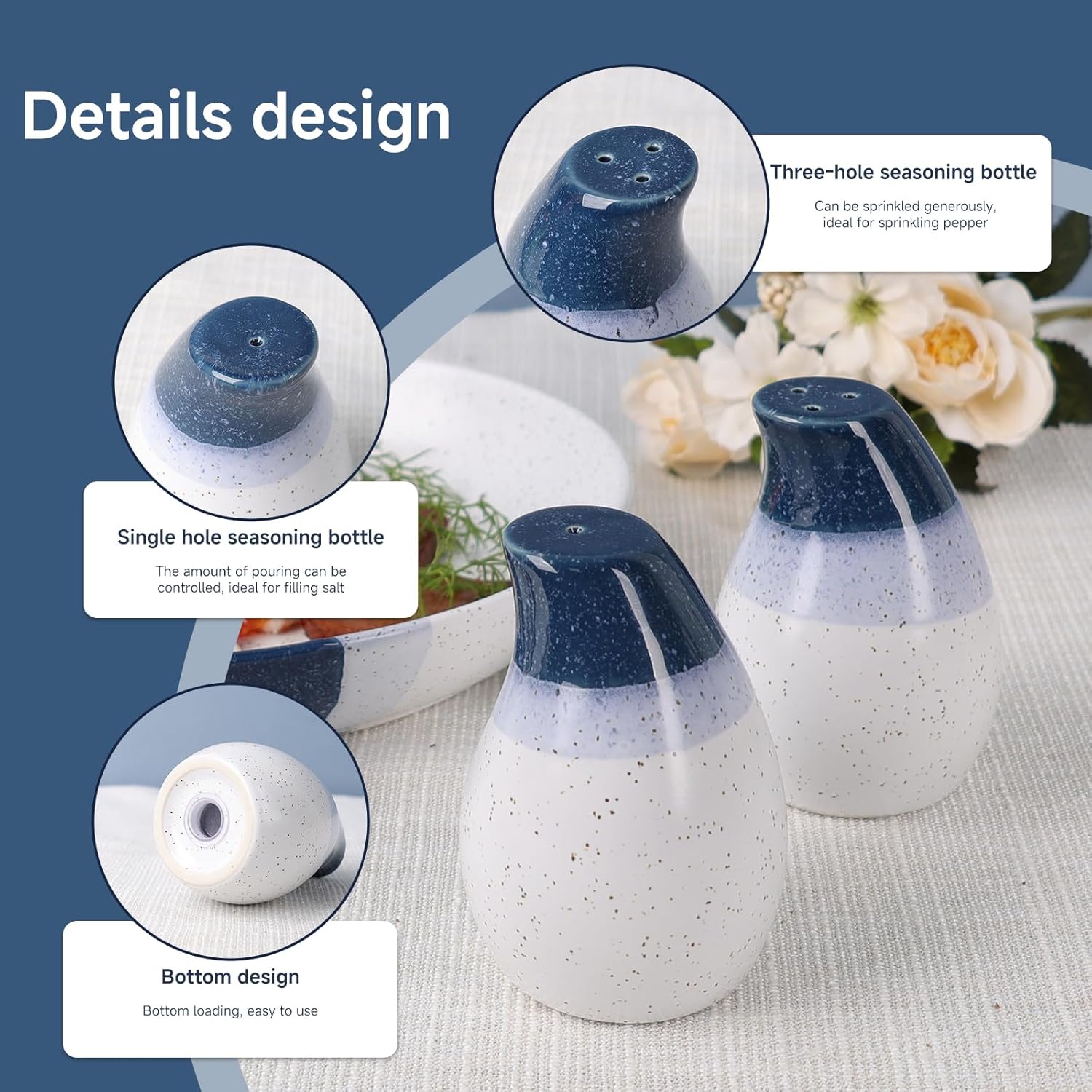 KERMANDO Ceramic Salt Pepper Shaker Set - 2 Pack Blue White