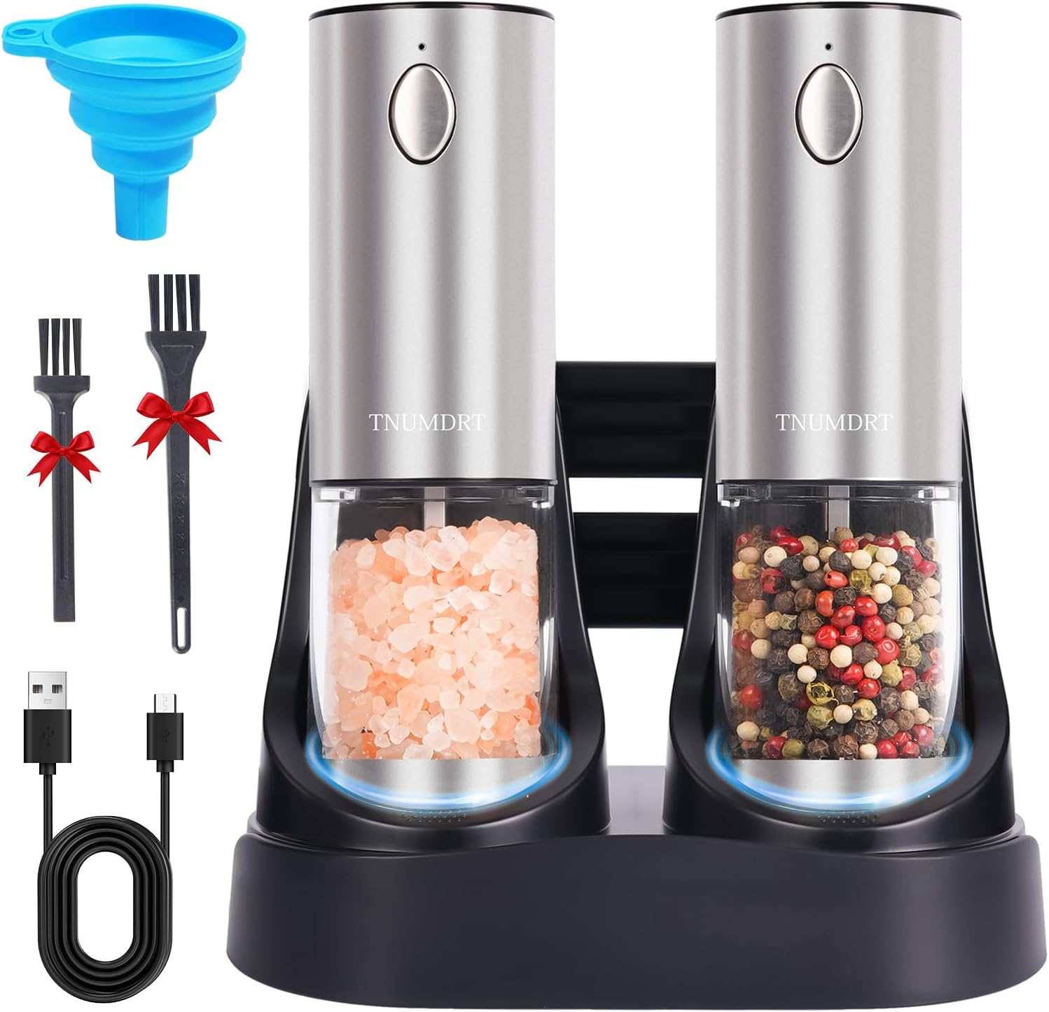 TNUMDRT Stainless Steel Pepper Mill Set with LED Light and Rechargeable Base