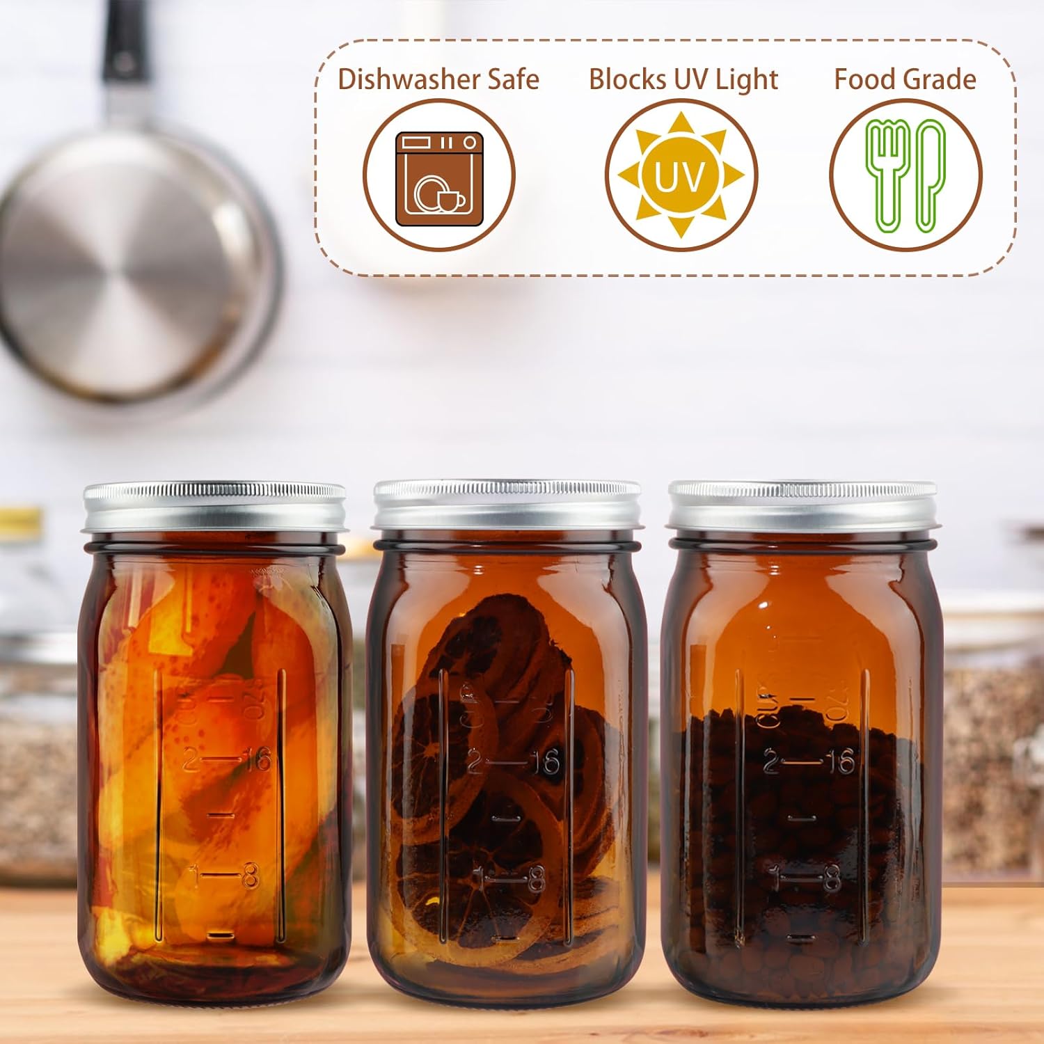 CARBLIN 6 Pack 32 oz Amber Canning Jars with Lids