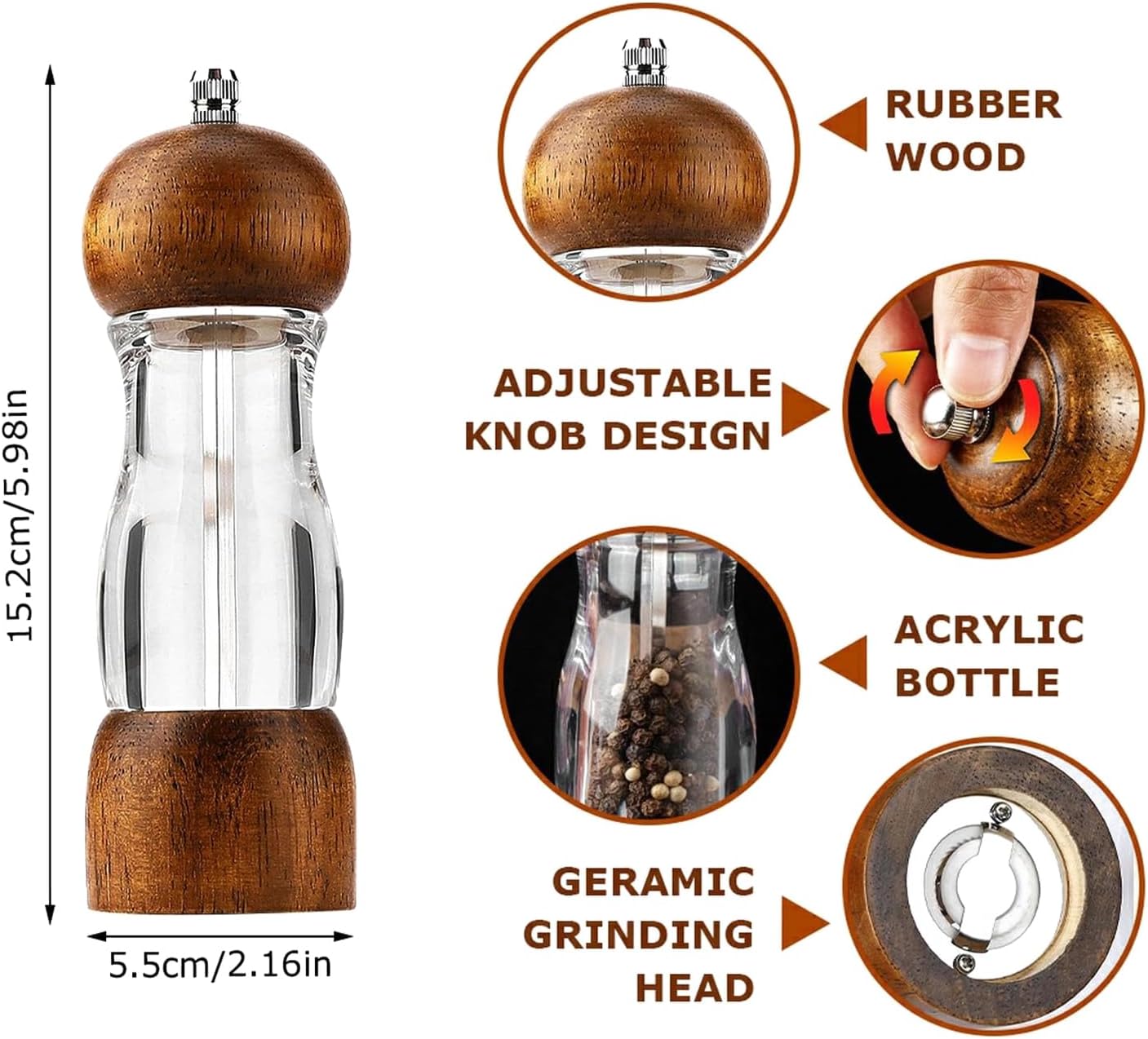 HONISOX Salt Pepper Grinder Set Wooden 6 Inch Adjustable Coarseness