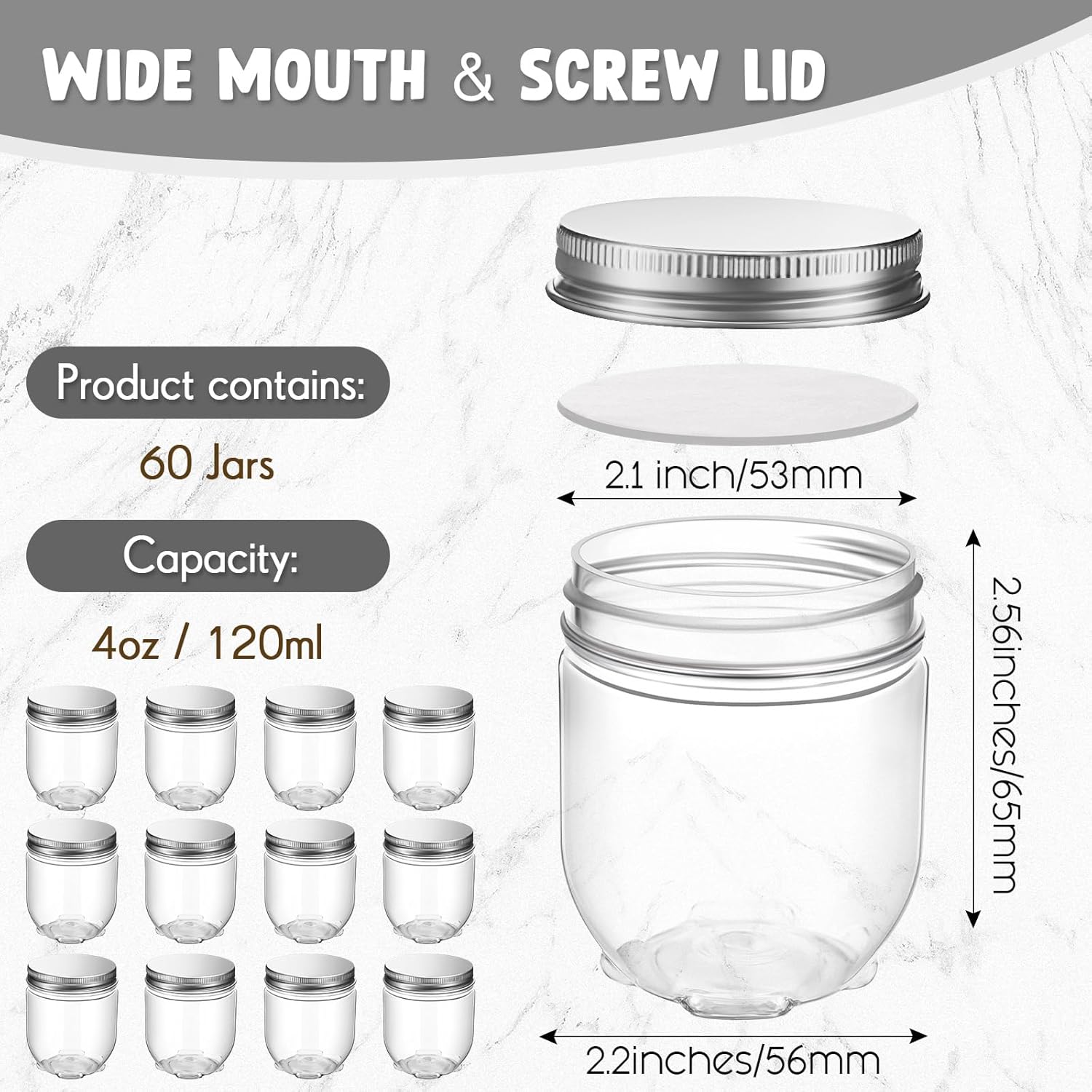 Tanlade 60 Pcs 4 oz Clear Plastic Jars with Lids 1