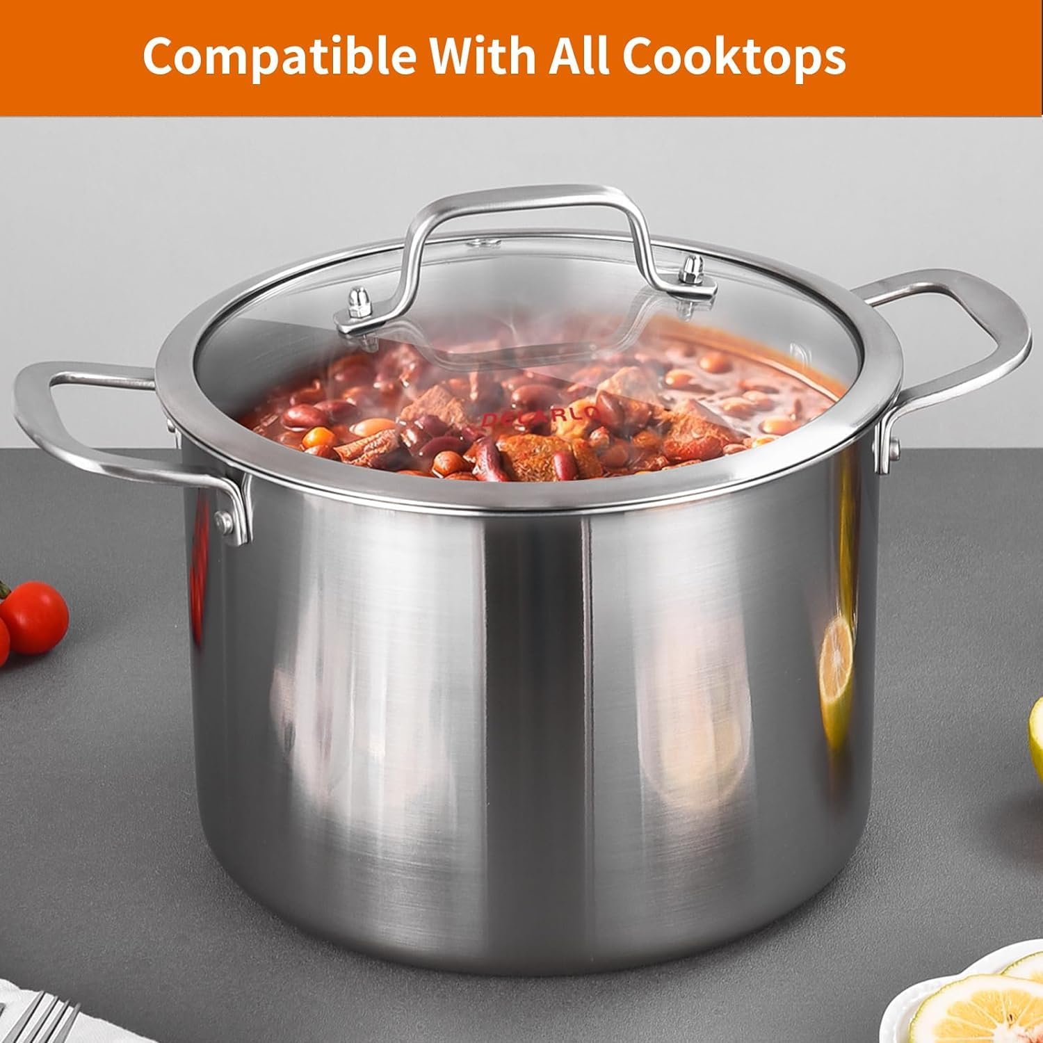 Delarlo 12QT Tri-Ply Stock Pot with Lid Induction Ready