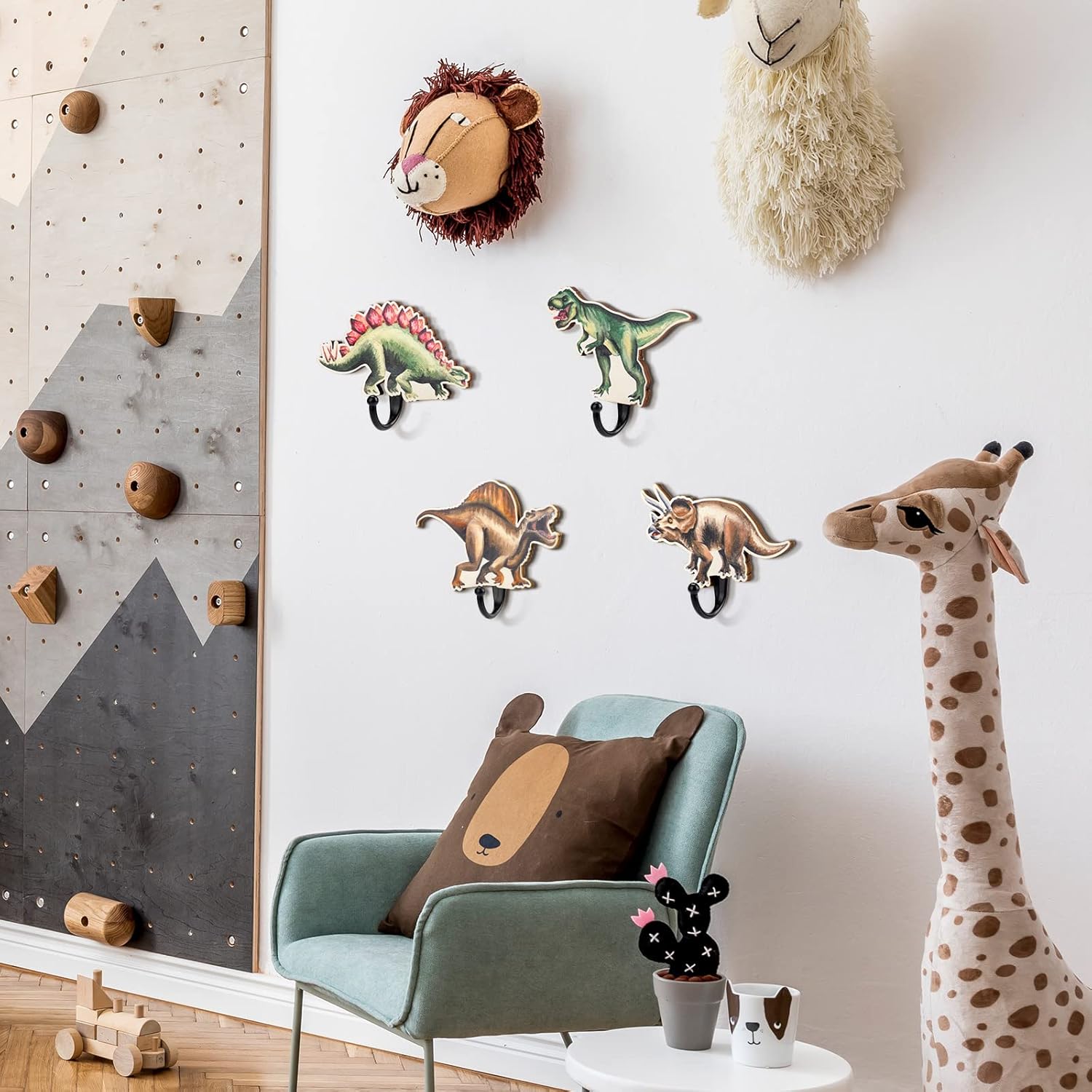 4 Pcs Dinosaur Wooden Wall Hooks for Kids Room