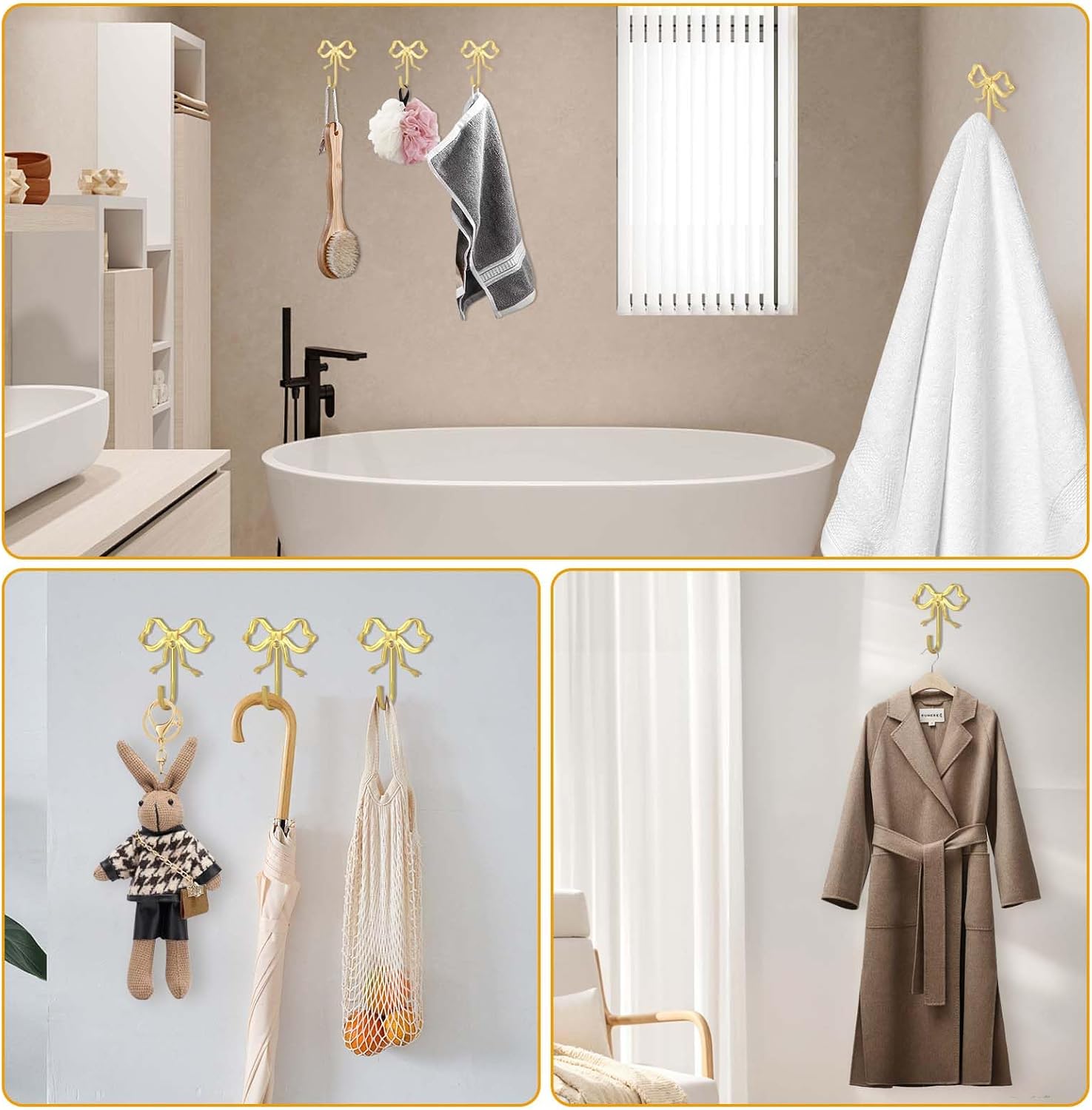 WODEGIFT Large Gold Bow Wall Hooks for Coats