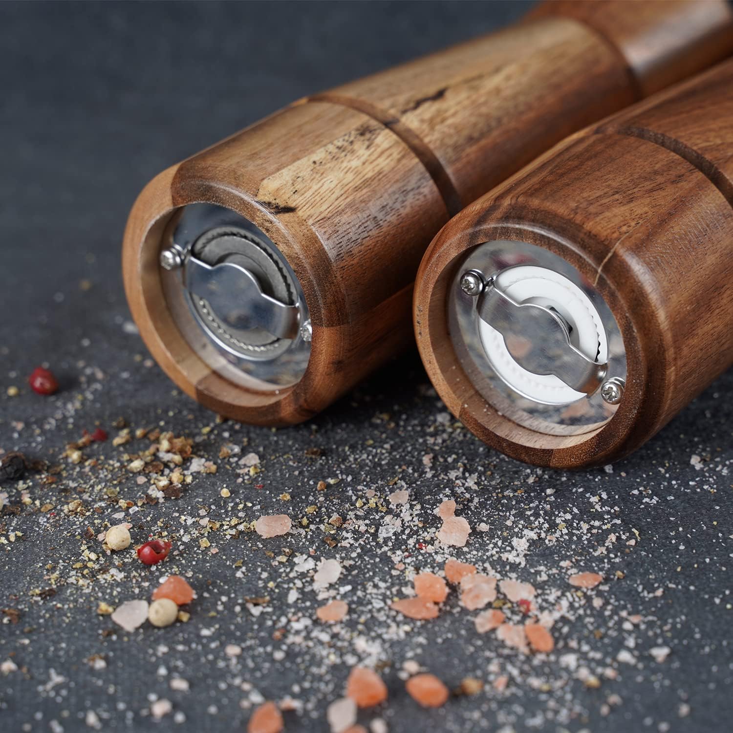 Salt and Pepper Grinder Set with Tray Acacia Wood and Stainless Steel