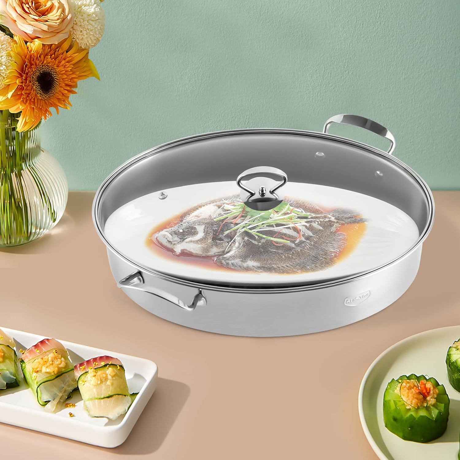 DYRABREST Fish Steamer with Rack and Ceramic Plate