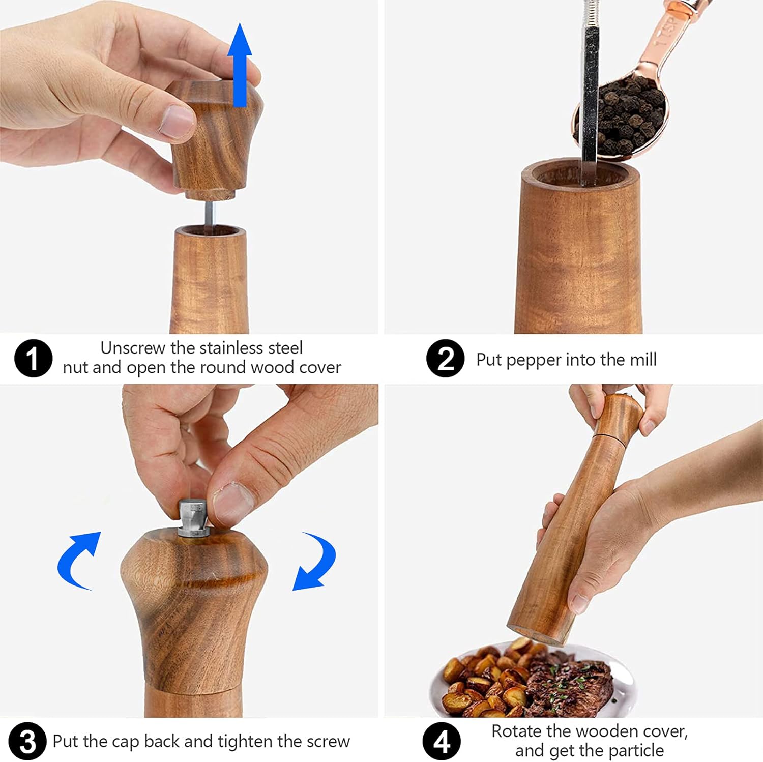 Zewellcuis Wood Salt Pepper Mill Set 2PCS