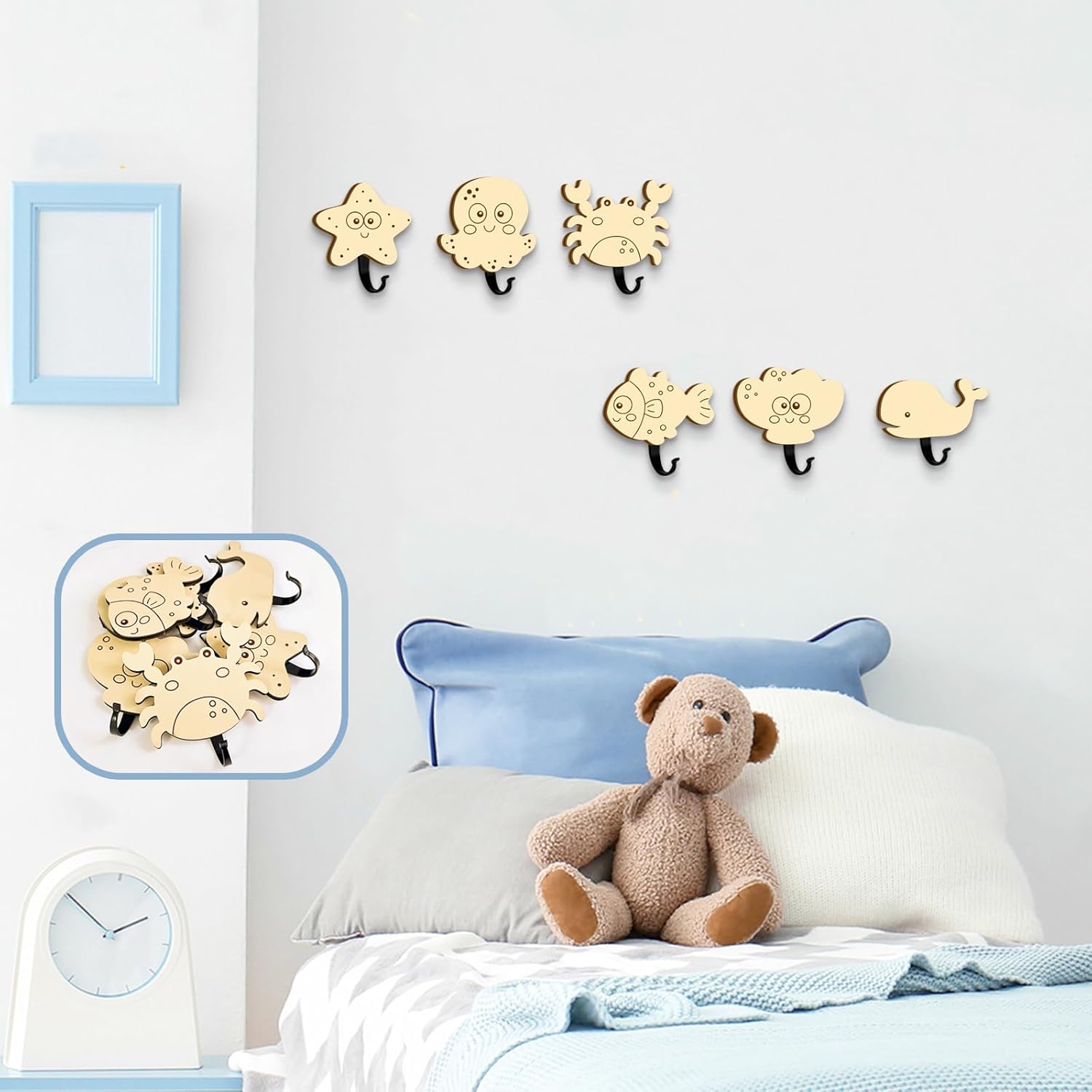 6Pcs Kids Ocean Animal Coat Hooks Wooden Wall Decor
