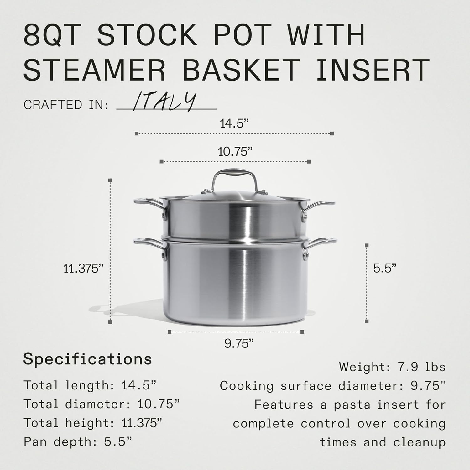 Made In 8 Quart Stainless Steel Stock Pot with Steamer Basket