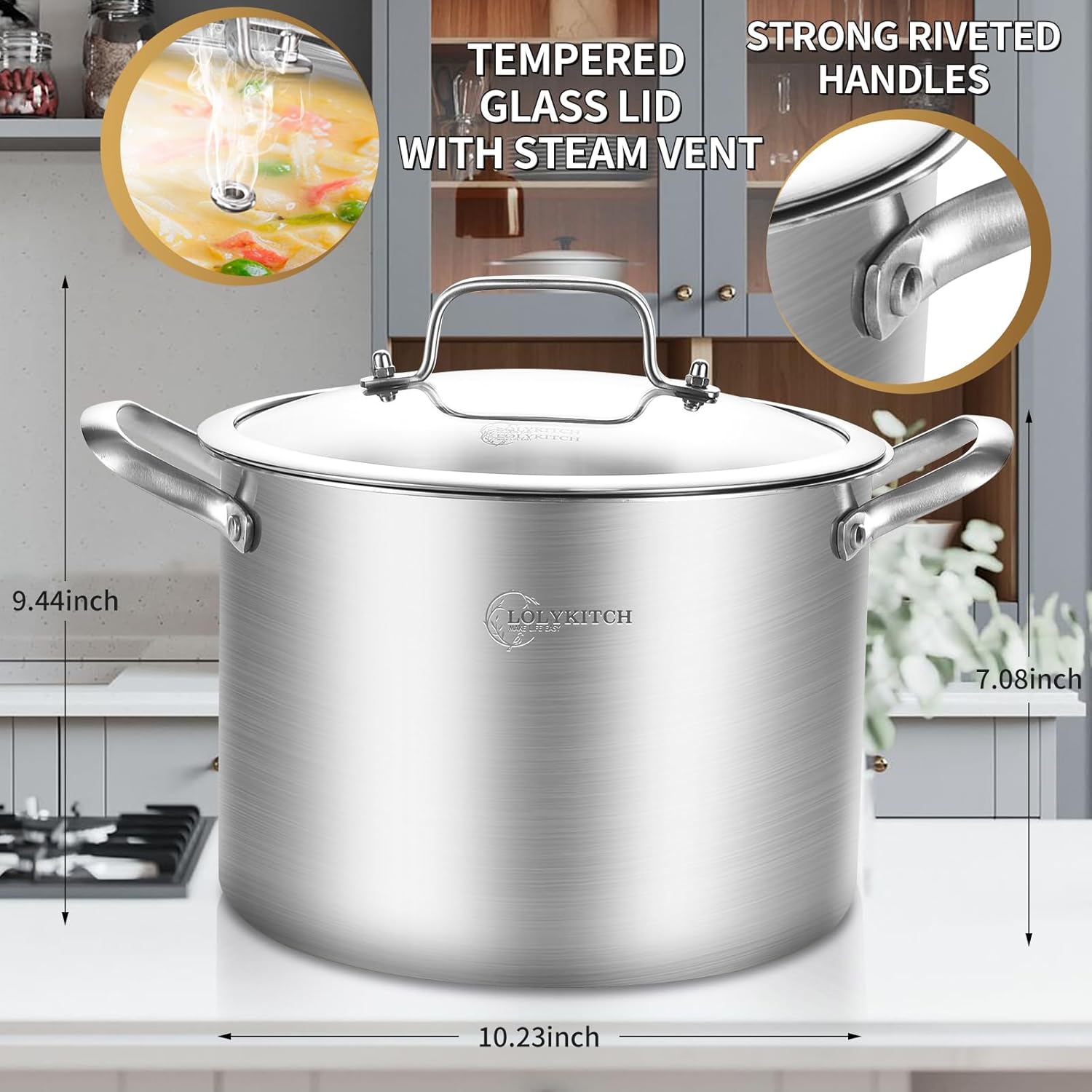LOLYKITCH 8 Qt Tri-Ply Stainless Steel Stock Pot with Lid