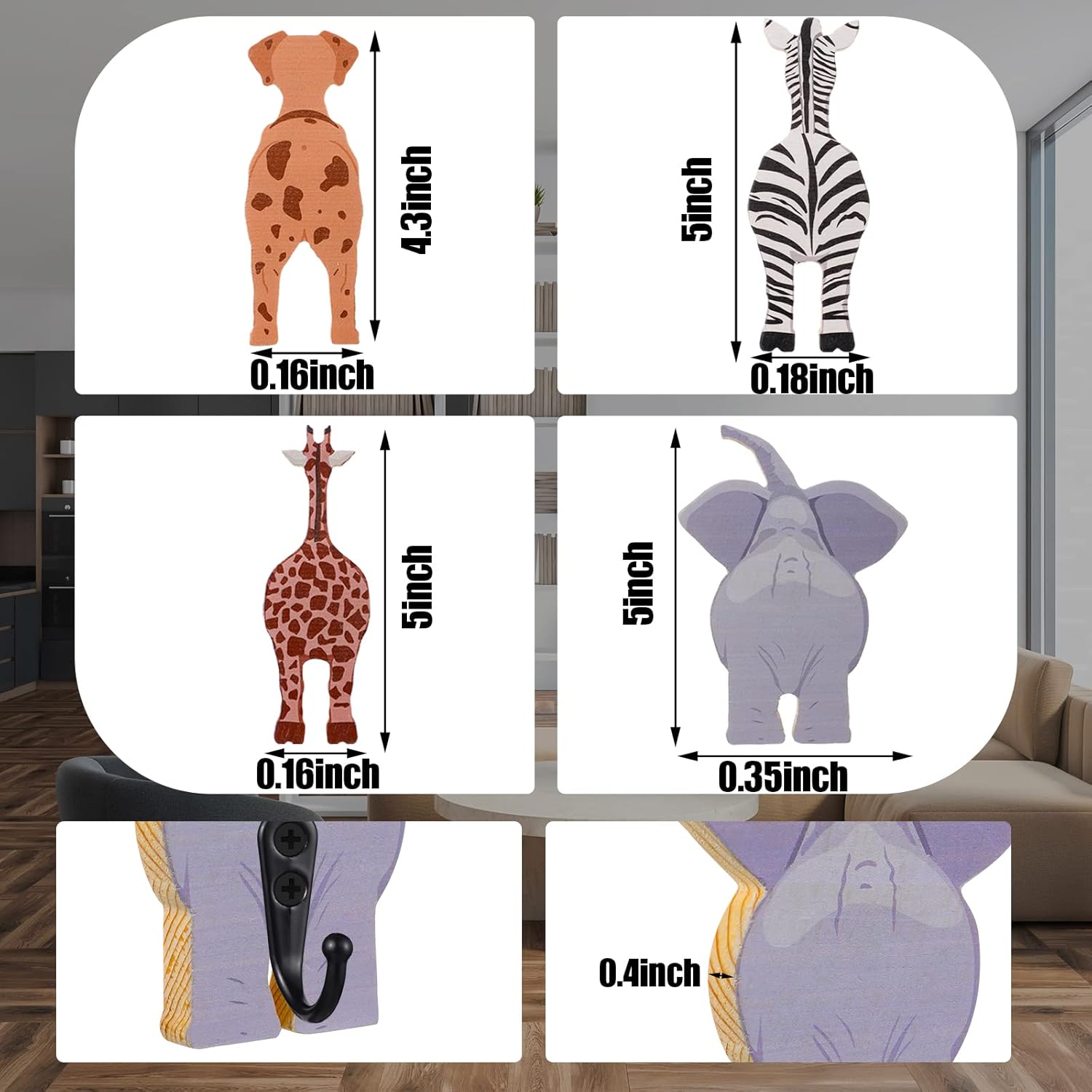 Qunclay 4 Pcs Safari Animal Wall Hooks Decorative