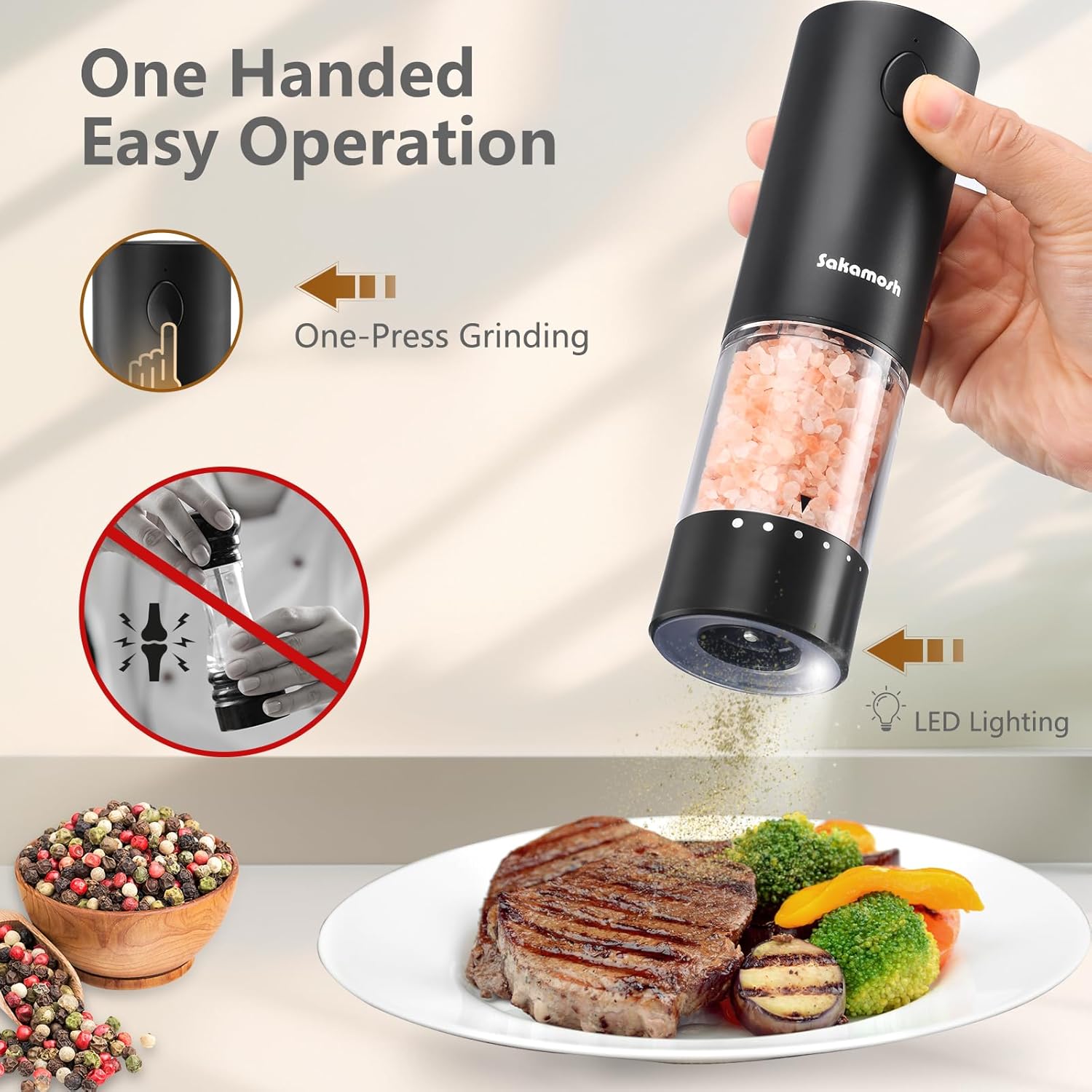 SAKAMOSH Electric Salt Pepper Set with Base 2 Pack