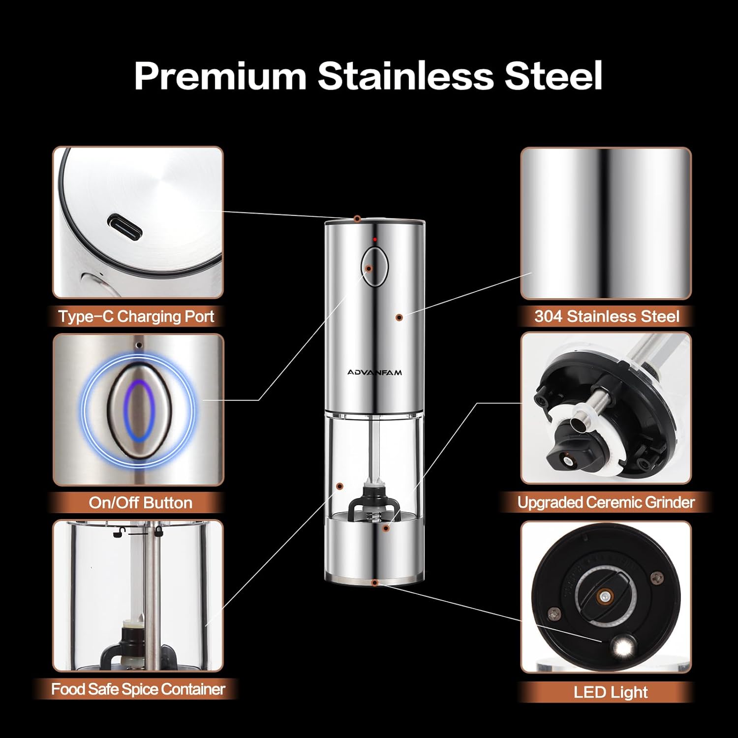 Advanfam Electric Pepper Mill with LED Light and Rechargeable Battery