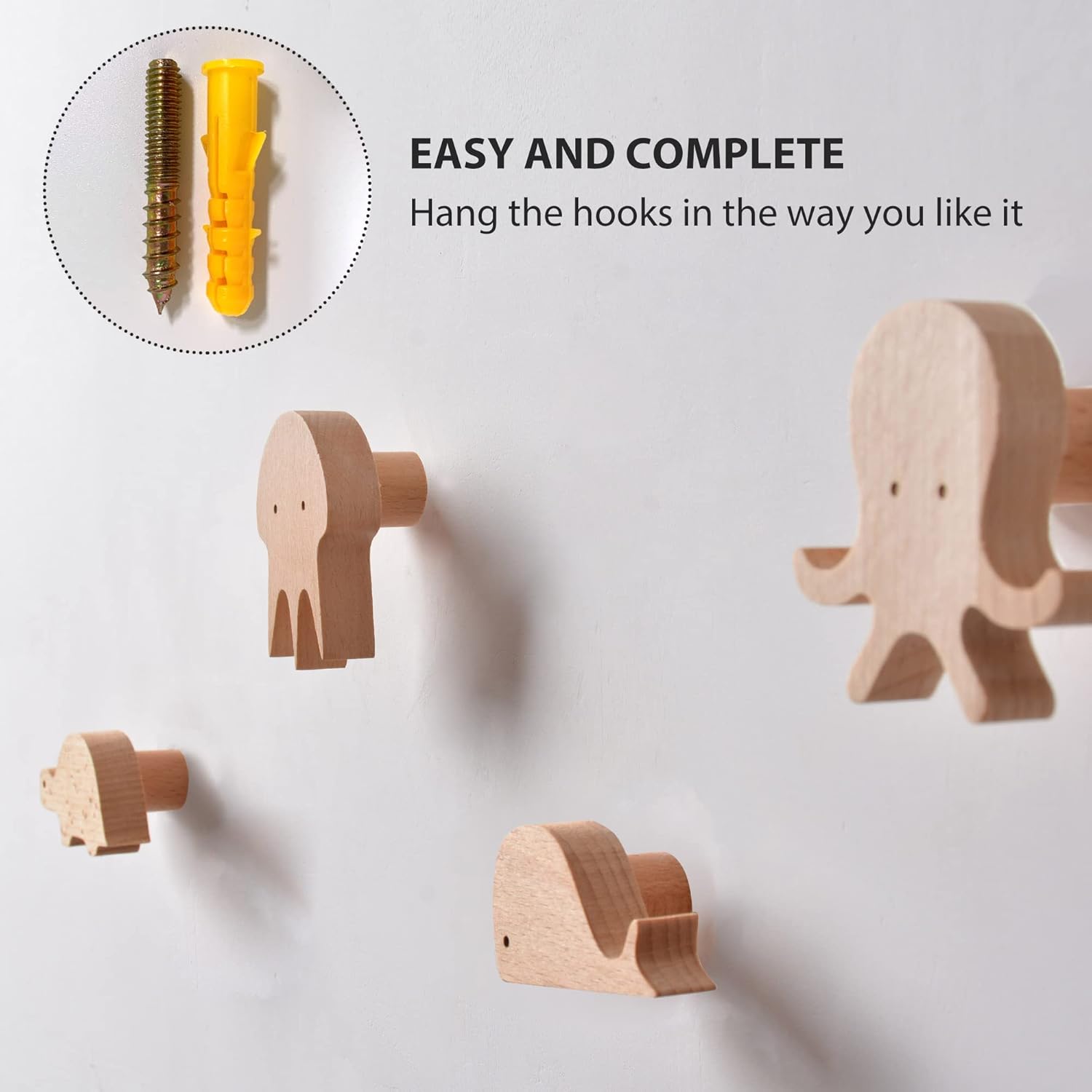 WONQEXZ Set of 4 Wooden Wall Hooks with Cute Sea Animal Designs
