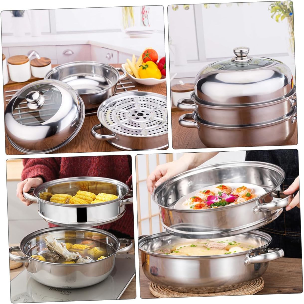 BEBEMOKO 3 Layer Steamer Pot Stainless Steel Glass with Anti-Scalding Handle