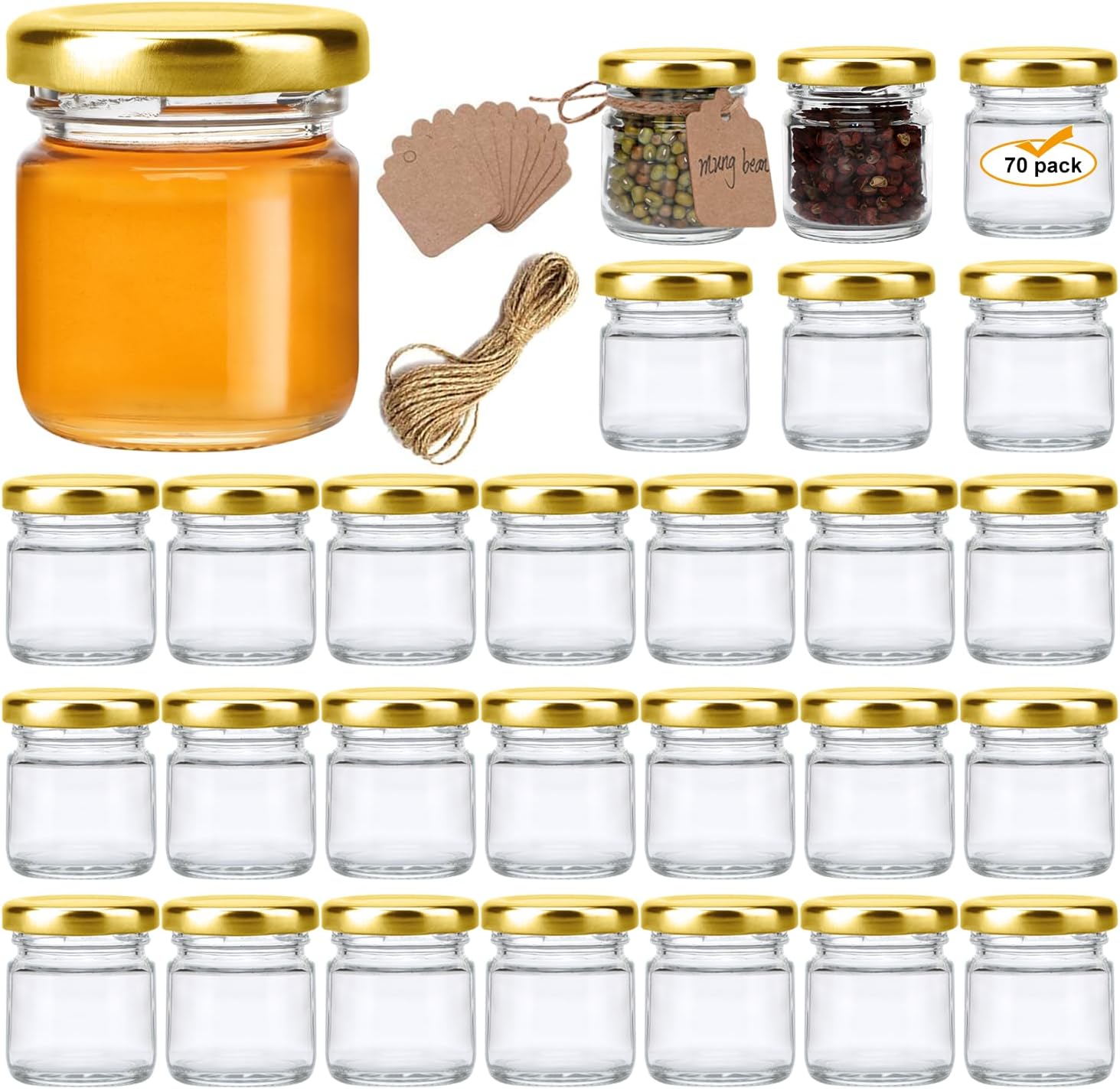 Encheng 15oz Clear Glass Jars Set of 70 with Golden Lids