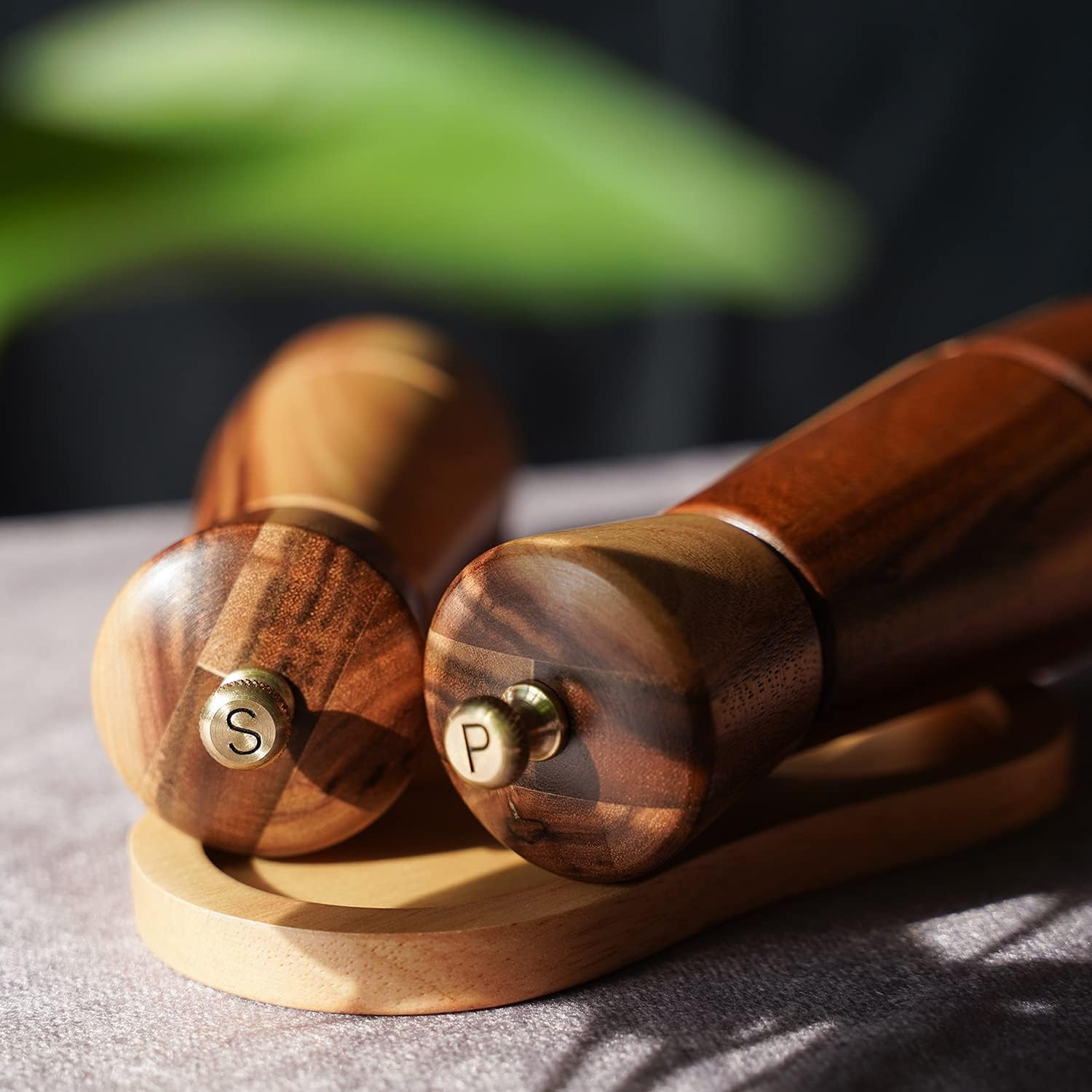Salt and Pepper Grinder Set with Tray Acacia Wood and Stainless Steel