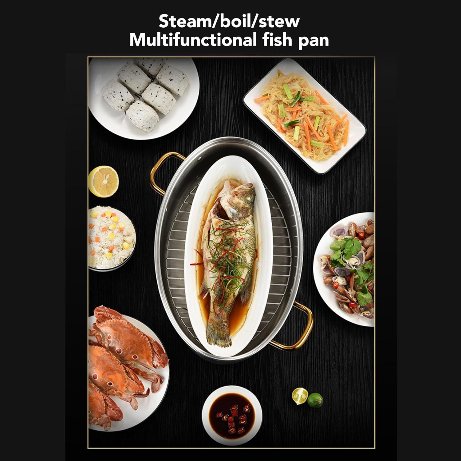 Stainless Steel Fish Steamer with Ceramic Lid and Rack