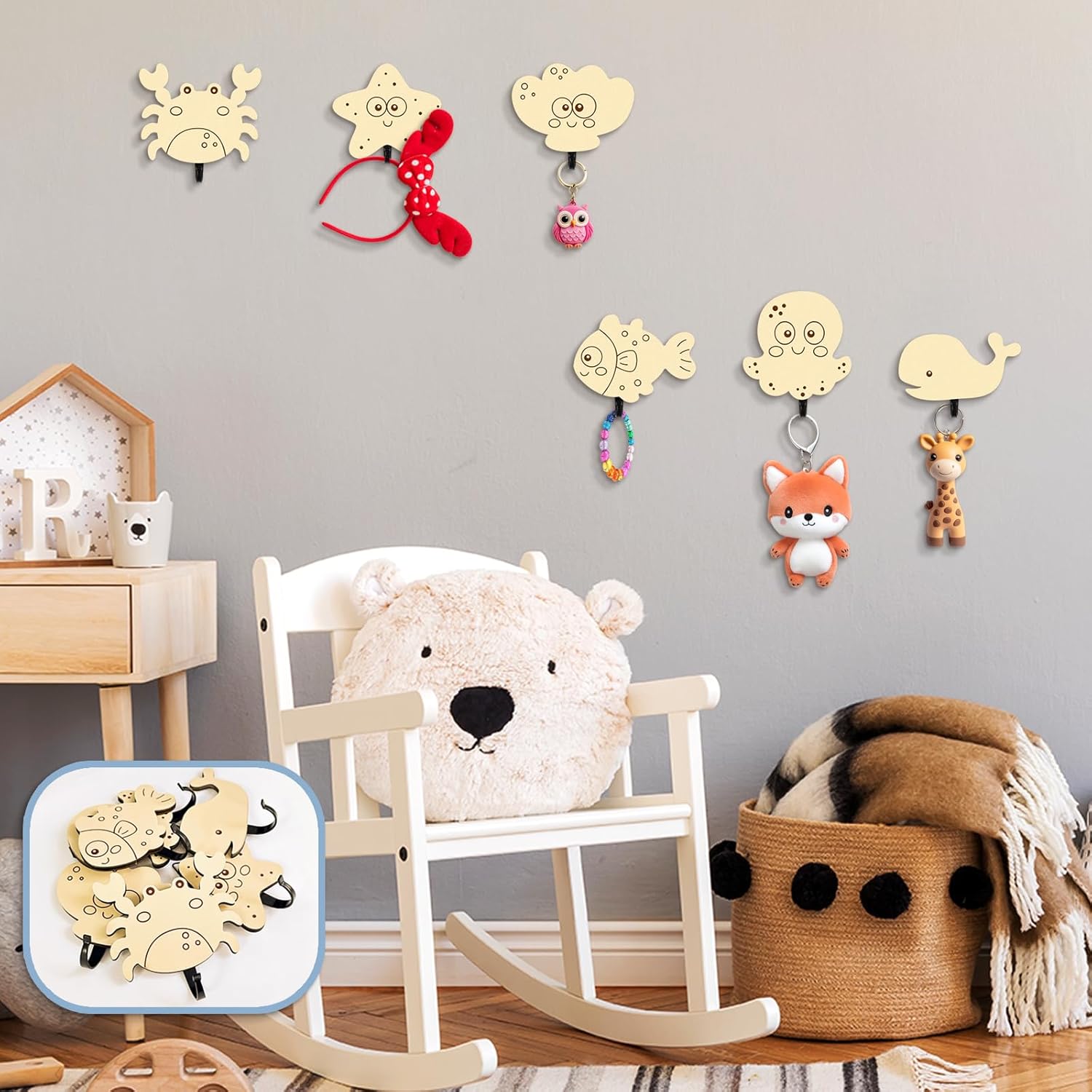 6Pcs Kids Ocean Animal Coat Hooks Wooden Wall Decor