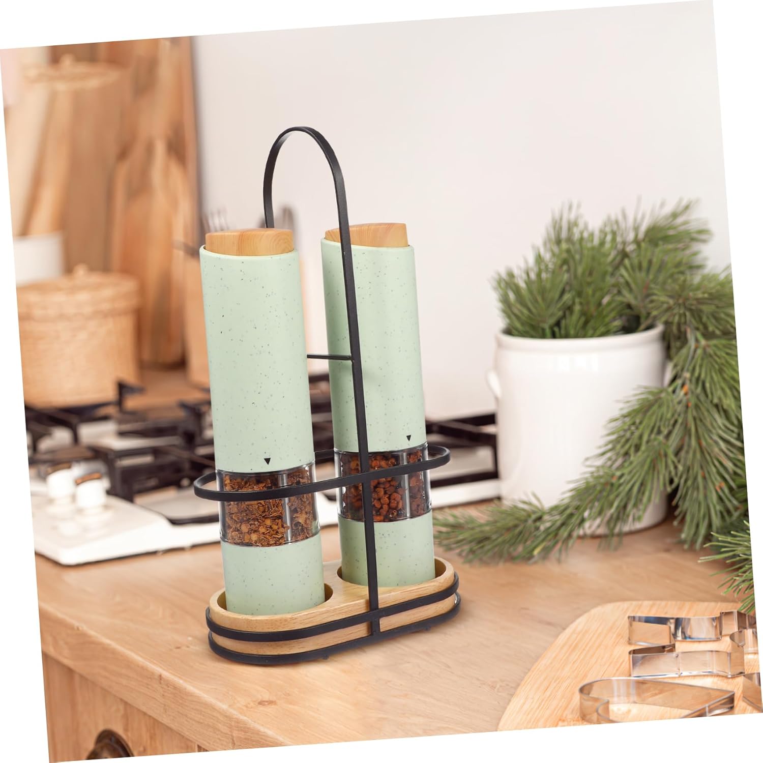 Cabilock 2pcs Adjustable Coarseness Salt Pepper Shaker Set with Stand