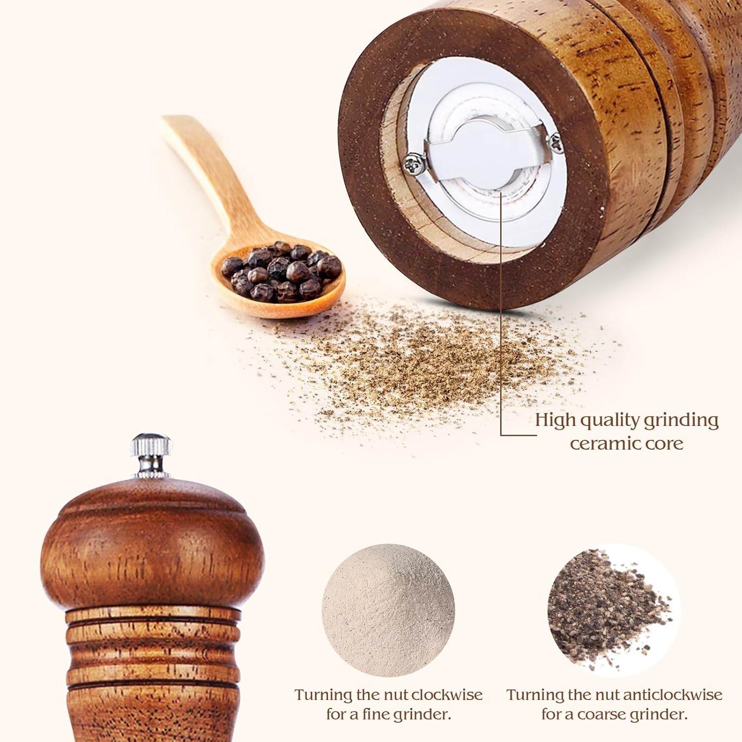 Perfekitsup Wood Pepper Grinder with Adjustable Coarseness