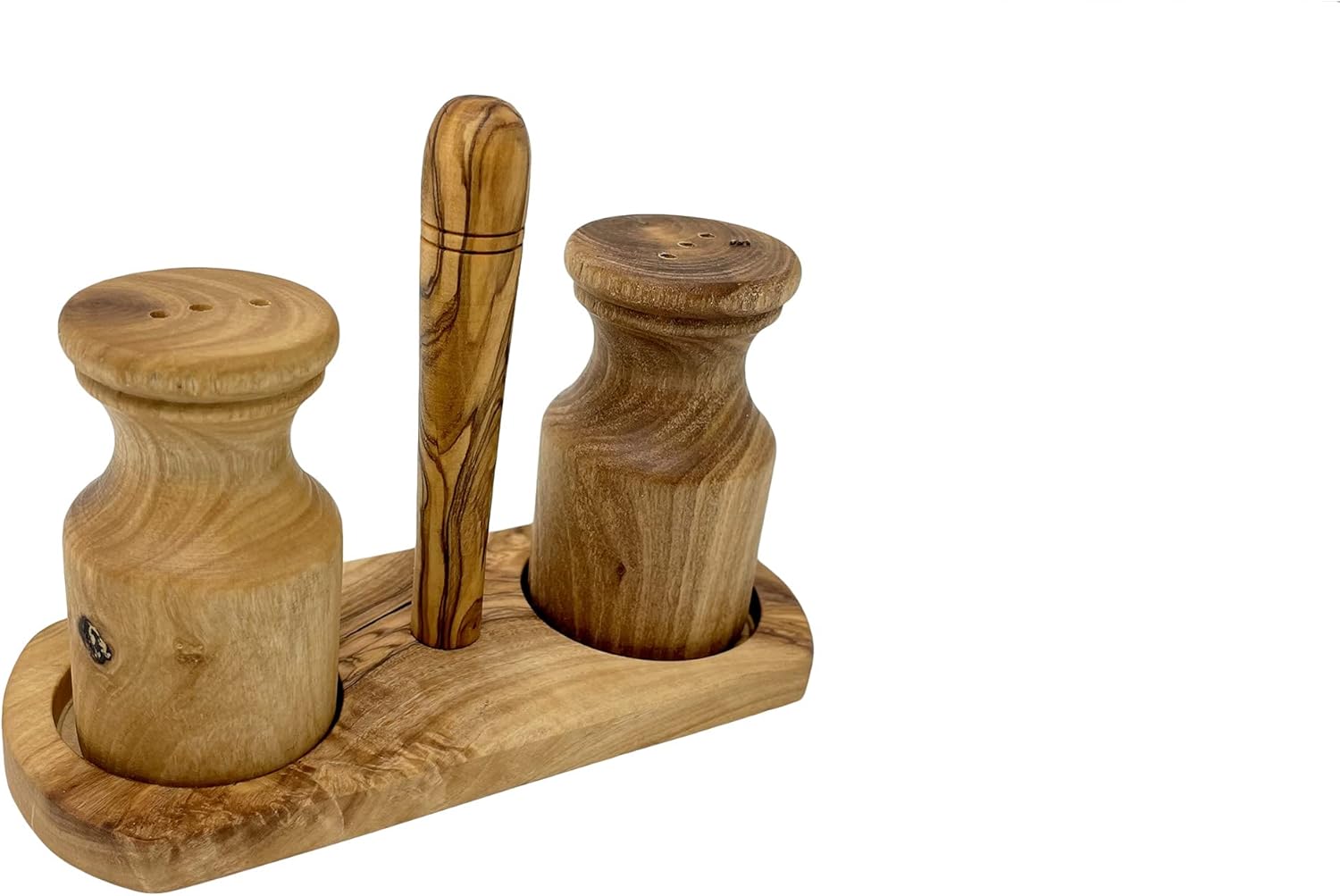 Aramedia Olive Wood Salt Pepper Shakers Set with Stand - 3 Inch Tall