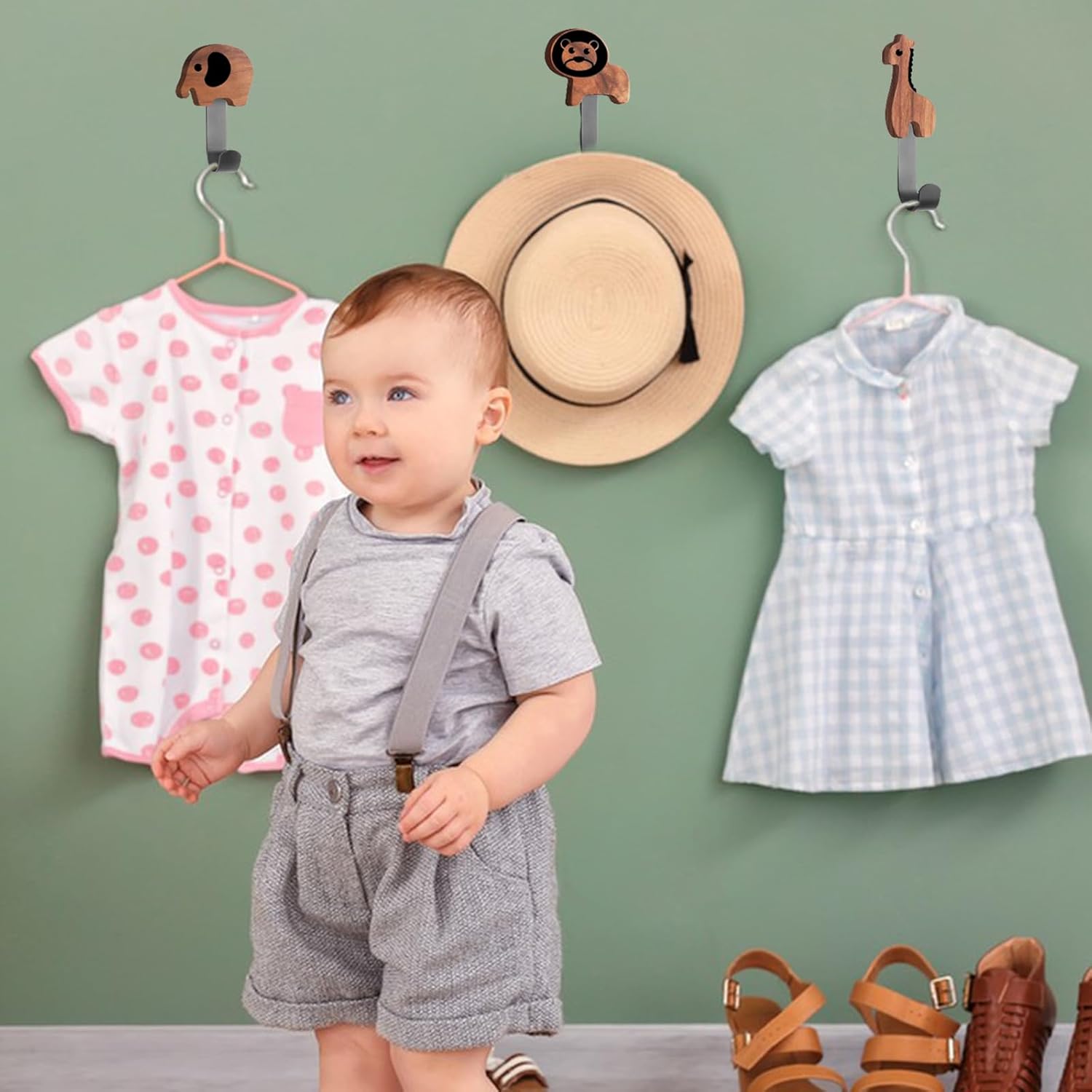 Qivine 5Pcs Wood Animal Coat Hooks for Kids 1