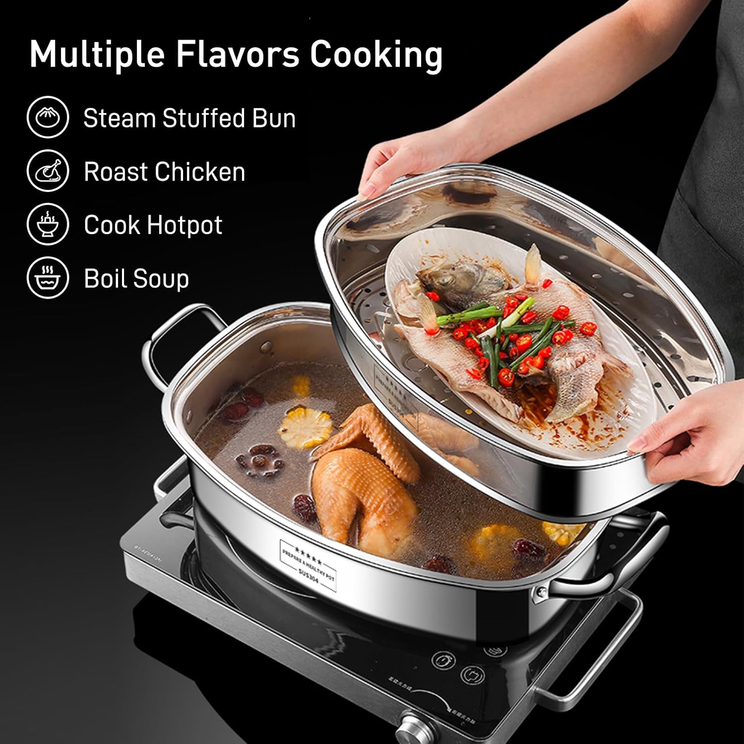 Eglaf 2-Tier Fish Steamer with Ceramic Plate and Oven Mitts 1