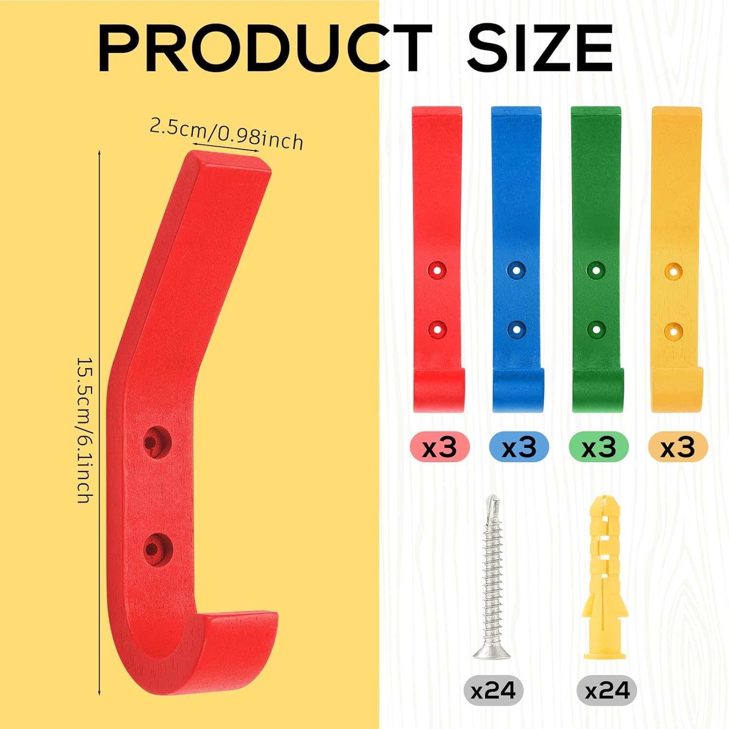 12 Pack Colorful Kids Wood Coat Hooks