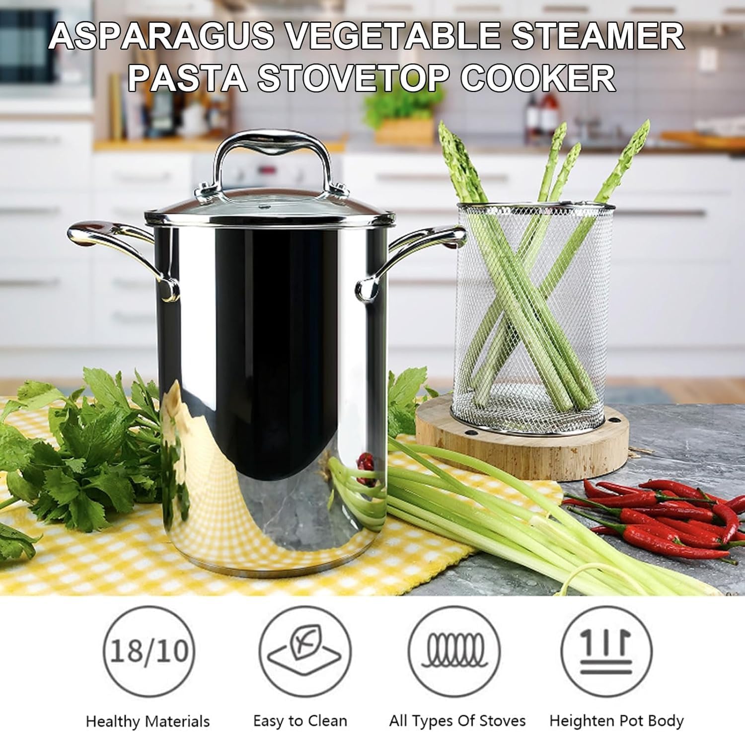 Stainless Steel Asparagus Steamer with Basket and Glass Lid