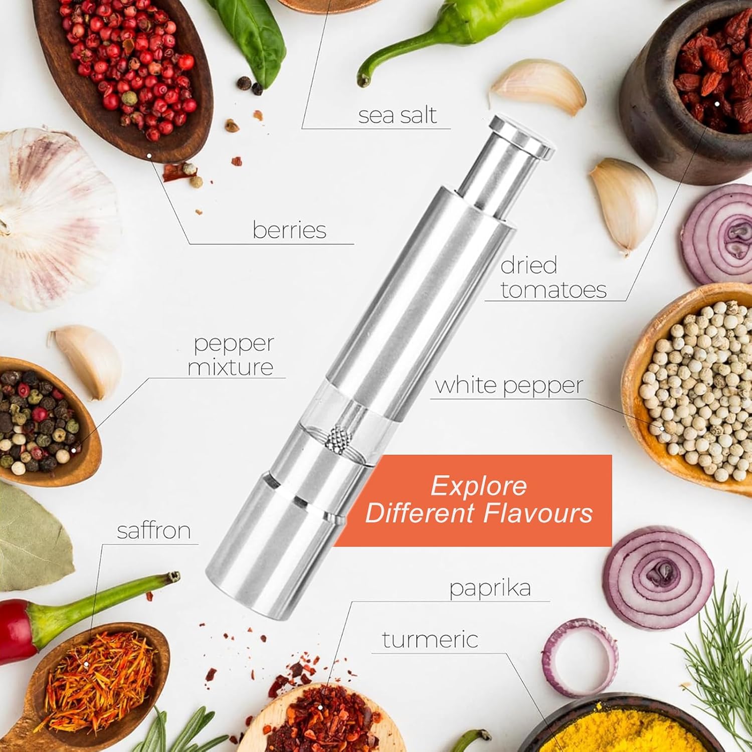 HalfofLife Salt Pepper Grinder Set Push Button Stainless Steel Refillable