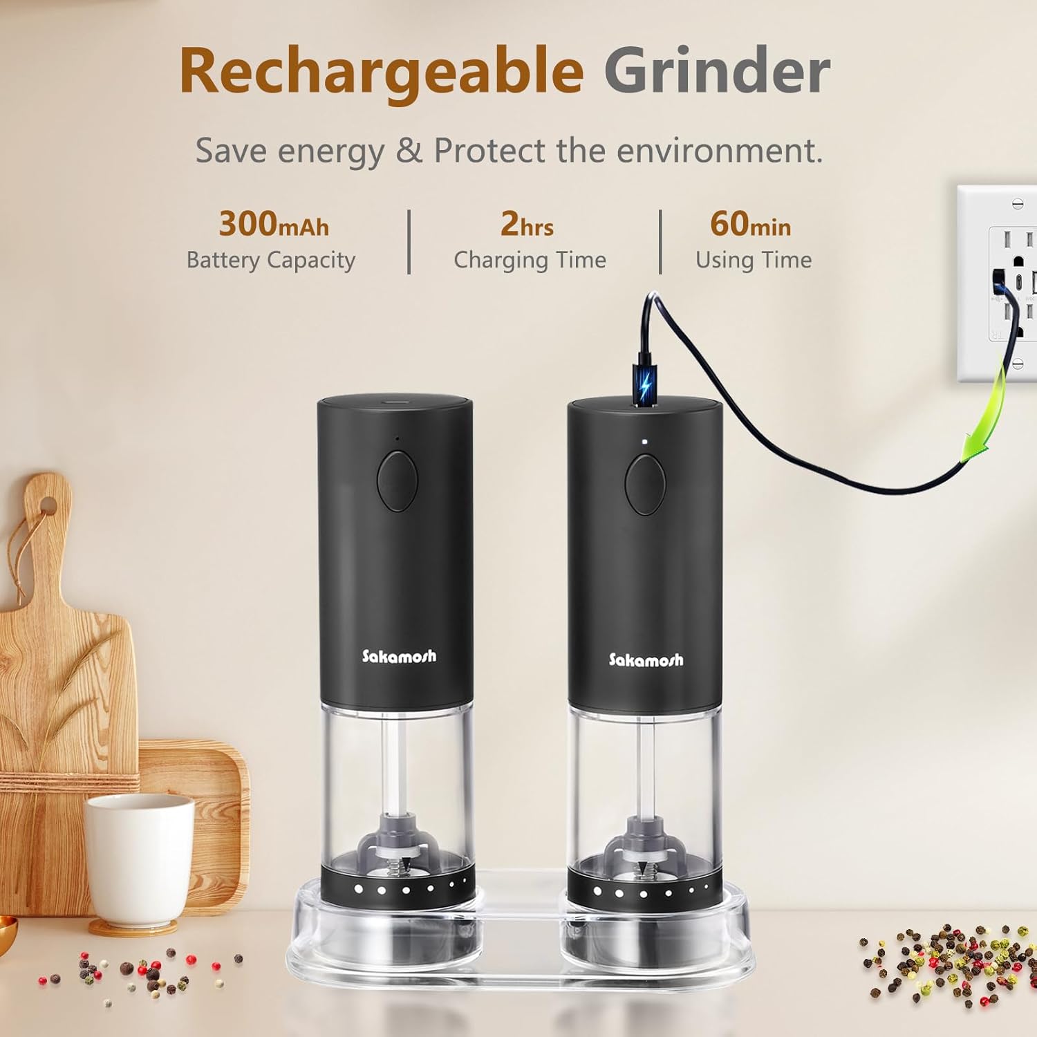 SAKAMOSH Electric Salt Pepper Set with Base 2 Pack