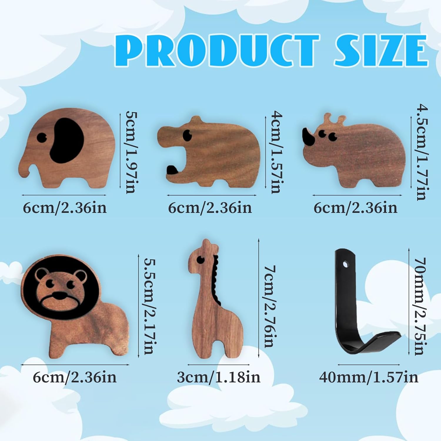 Qivine 5Pcs Wood Animal Coat Hooks for Kids 1
