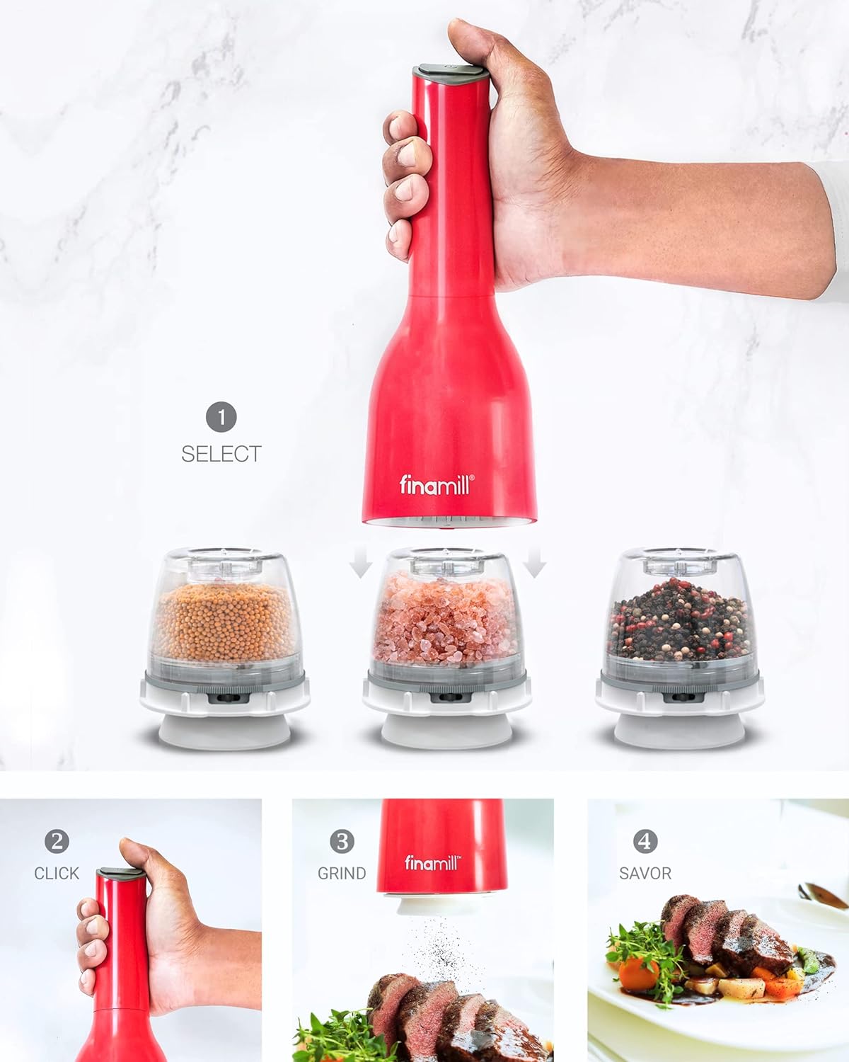 FinaMills Battery Operated Salt and Pepper Grinder Set - 2 ProPlus Pods